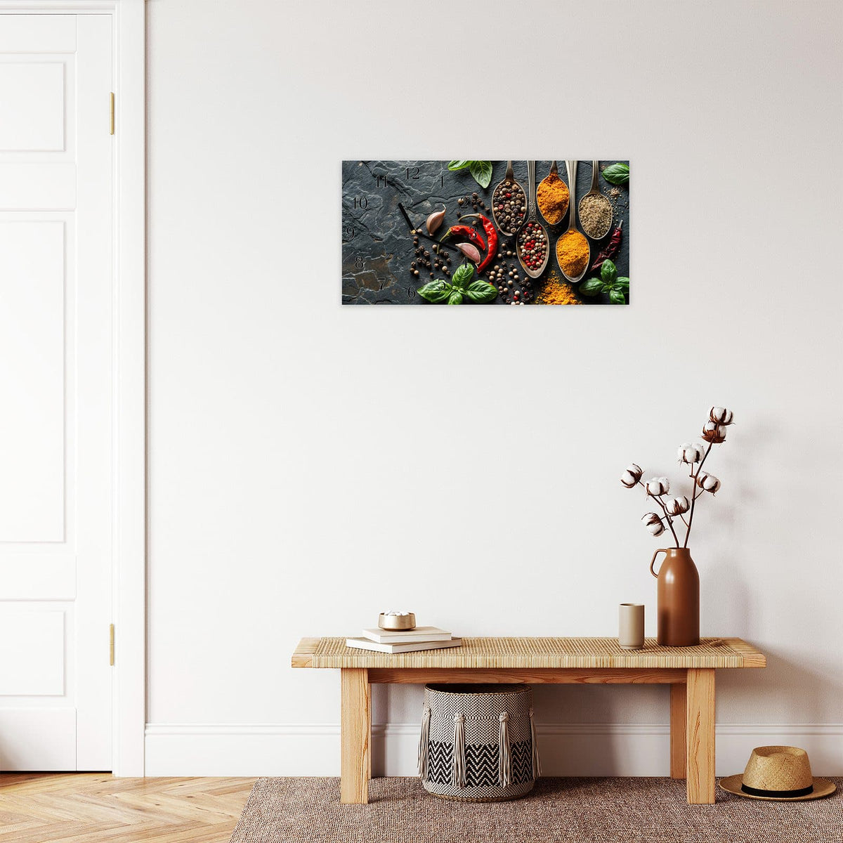 Moderne Wanduhr aus Glas mit Farbtiefe – Wanduhr Küchengewürze aus Glas – Querformat 60 × 30 cm