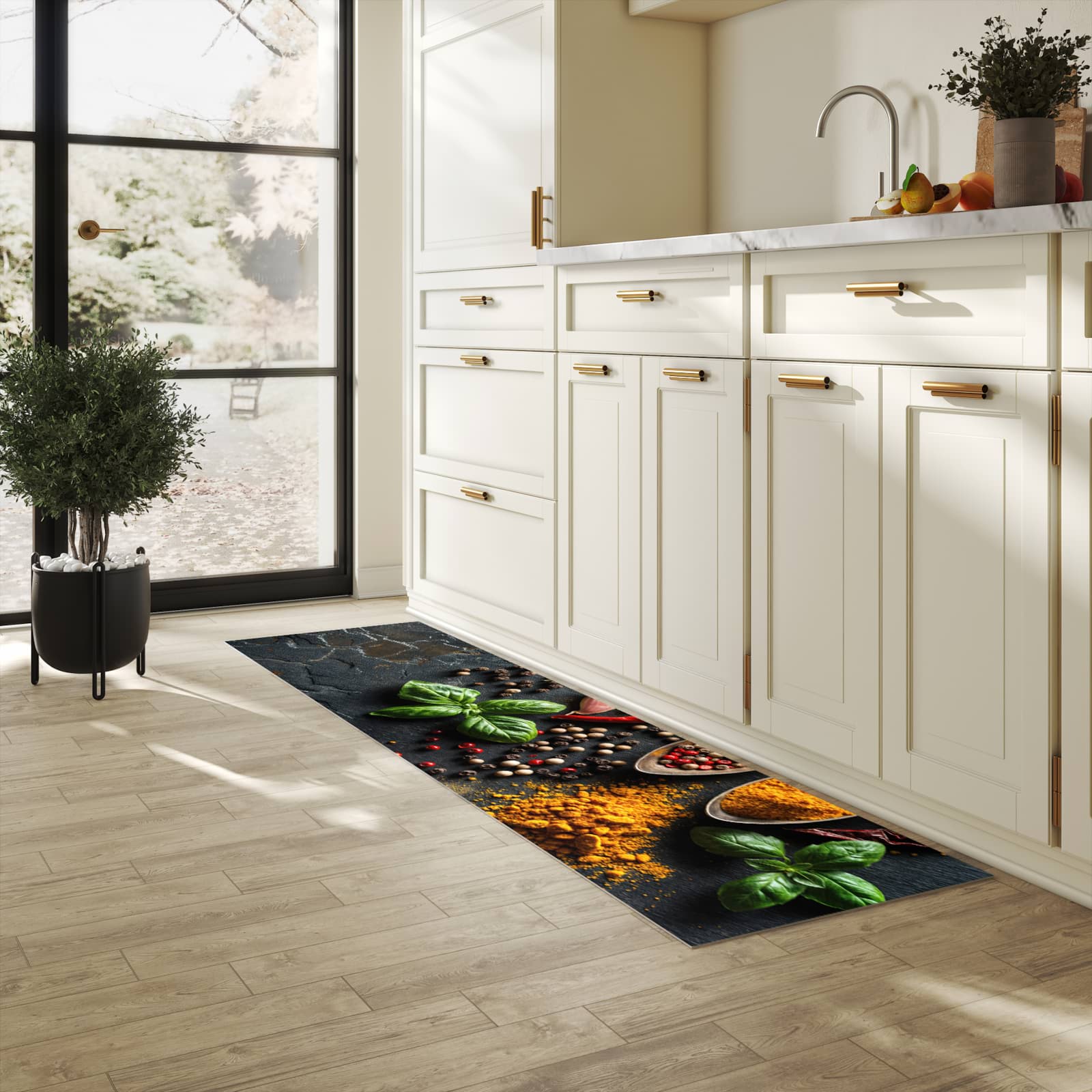 Langlebiger dünner Küchenteppich mit Motiv Küchengewürze in heller Küche