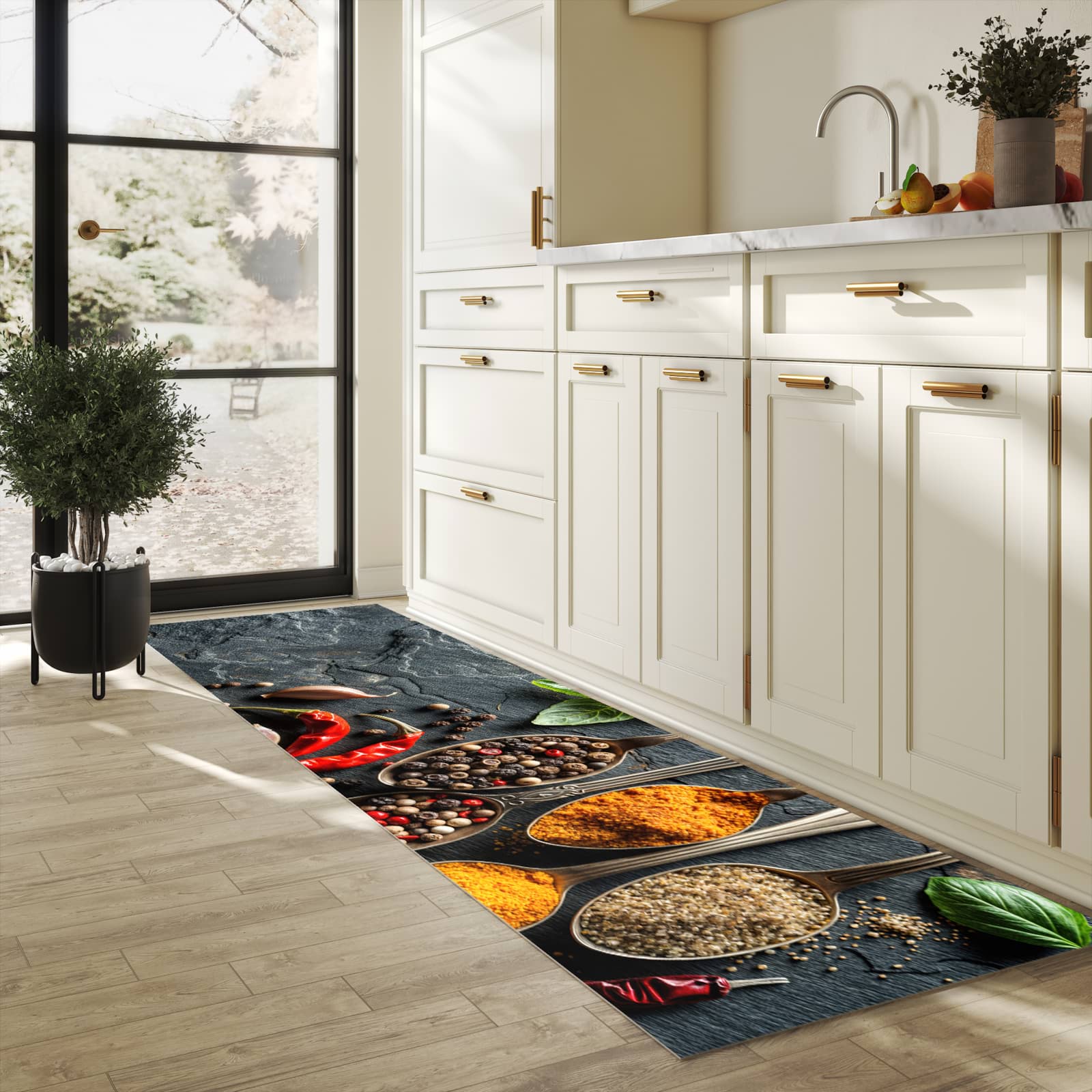 Hygienischer Bodenläufer Teppich mit Motiv Küchengewürze in heller Küche
