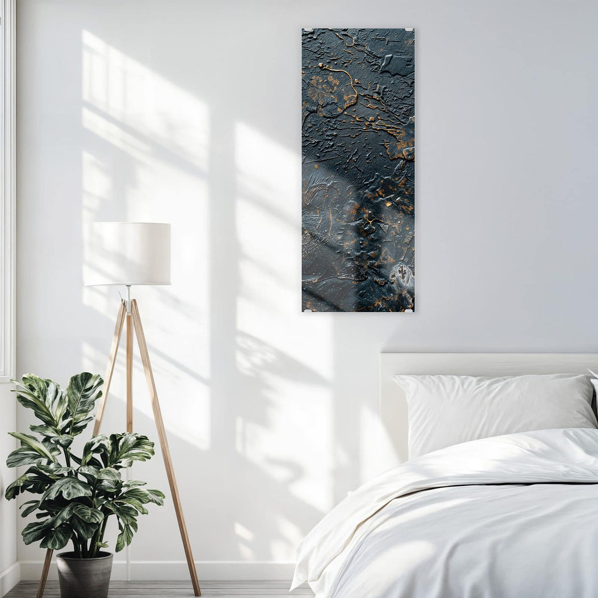 Glasbild Kupfer auf Schwarz an der Wand – Schwarzblaue, grob strukturierte Fläche mit kupferfarbenen Adern und Sprenkeln