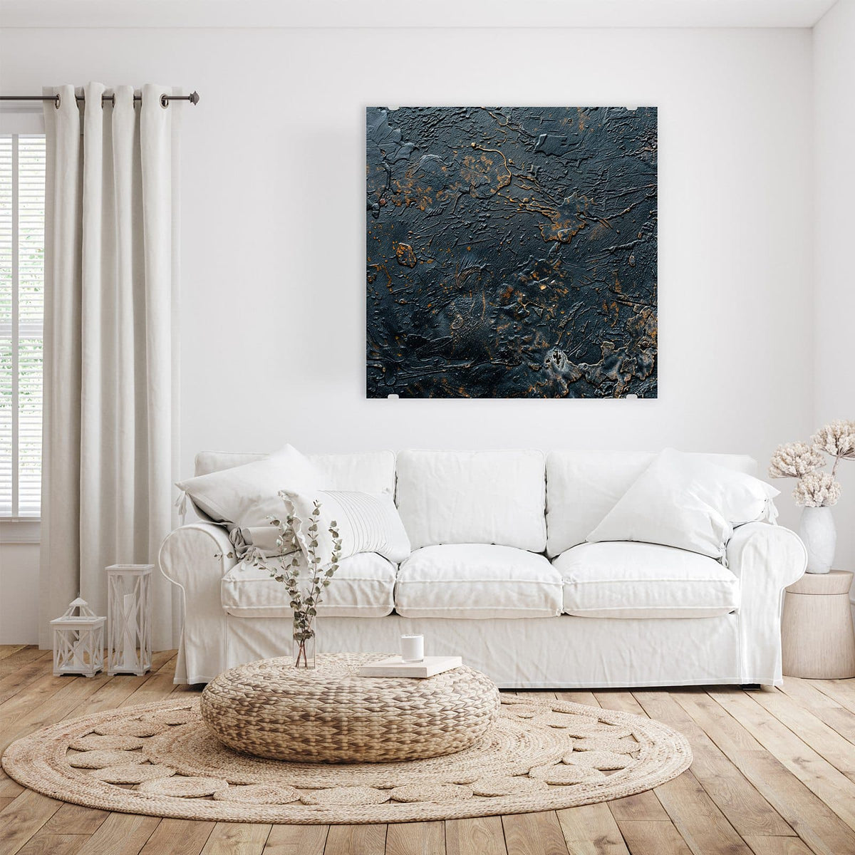 Glasbild Kupfer auf Schwarz an der Wand – Schwarzblaue, grob strukturierte Fläche mit kupferfarbenen Adern und Sprenkeln