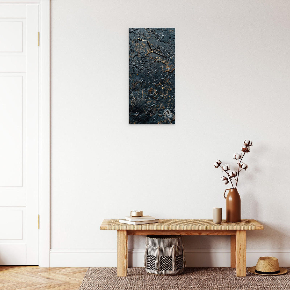 Moderne Wanduhr aus Glas mit Farbtiefe – Wanduhr Abstrakte Oberflächen Textur aus Glas – Hochformat 30 × 60 cm