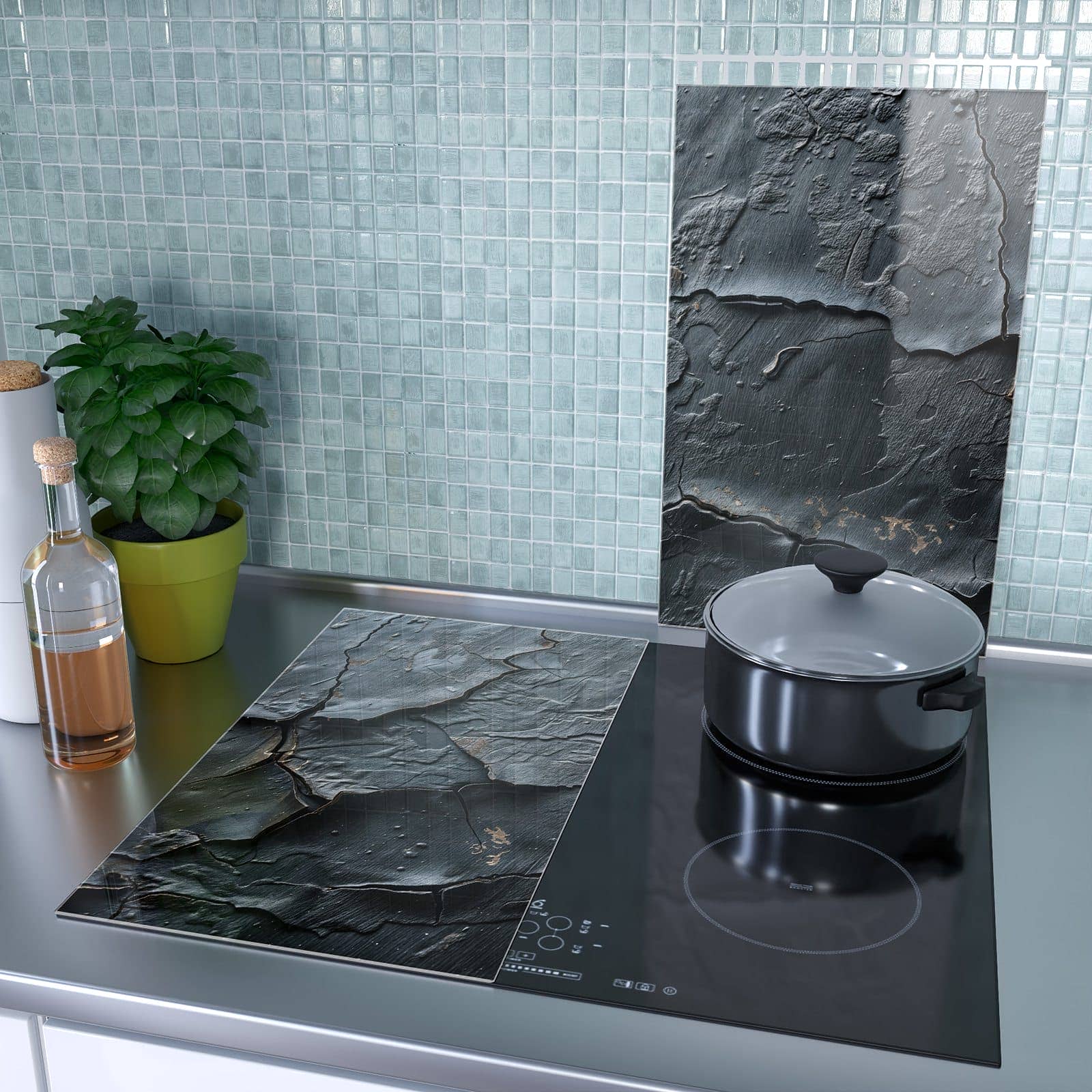 2-teilige Herdabdeckplatten aus Glas mit Rissige Oberfläche-Motiv als Spritzschutz hinter dem Kochfeld