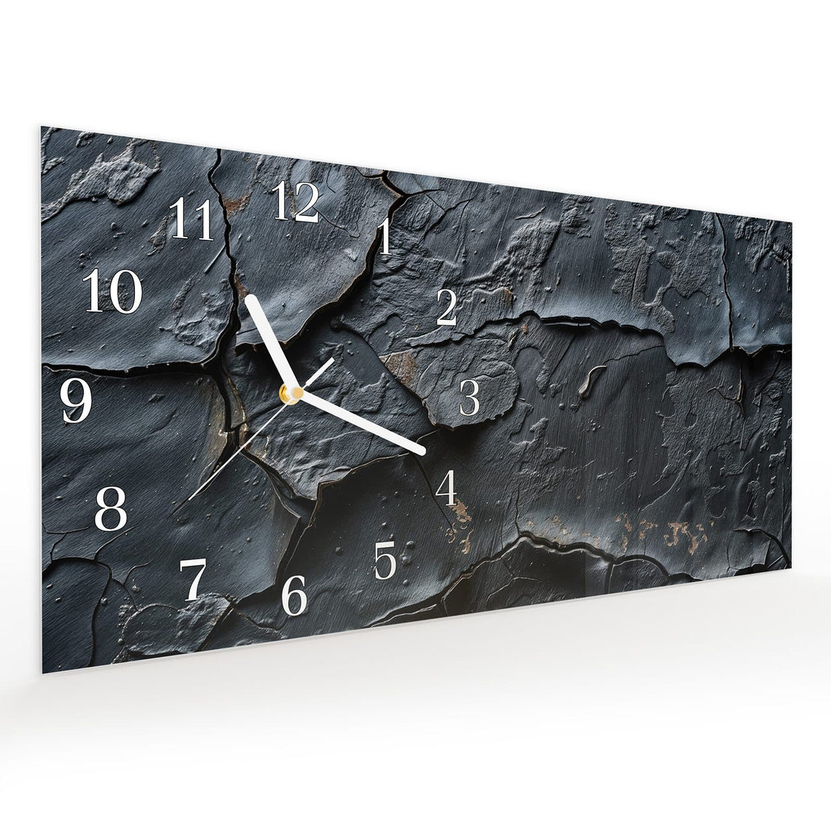 Vormontiert – mit Schwebeeffekt – Wanduhr Rissige Struktur aus Glas – Querformat 60 × 30 cm