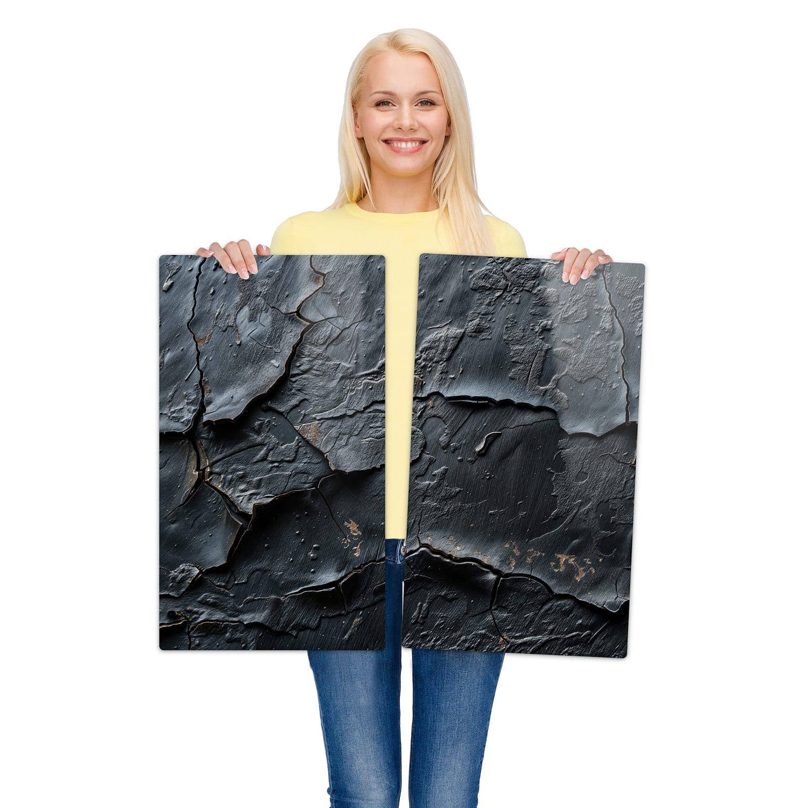 2-teilige Abdeckung für Herdplatte mit Rissige Oberfläche-Motiv wird zur Größendarstellung gehalten