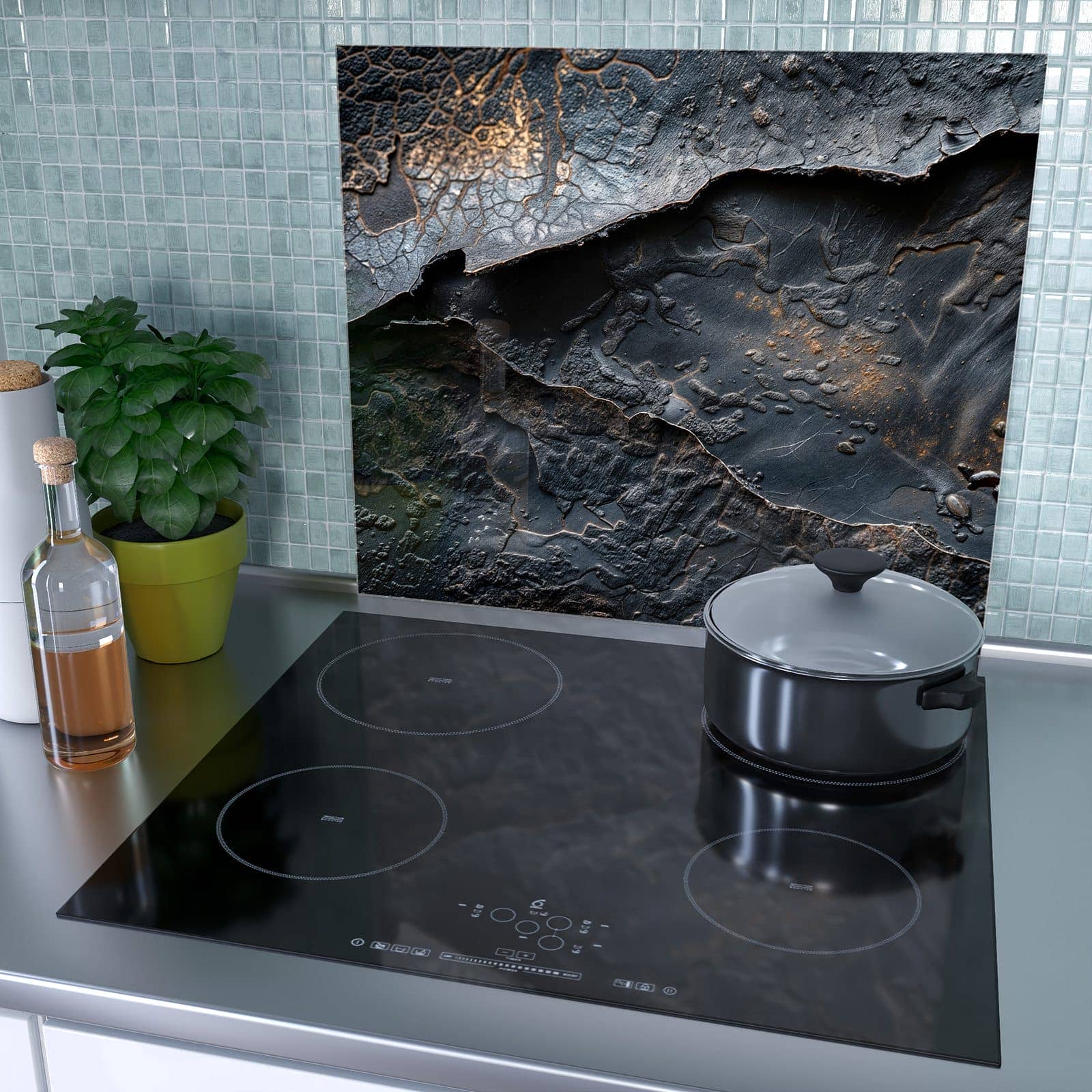 1-teilige Abdeckplatten für Ceranfeld mit Dunkle Bronzetextur-Motiv als Spritzschutz hinter dem Kochfeld