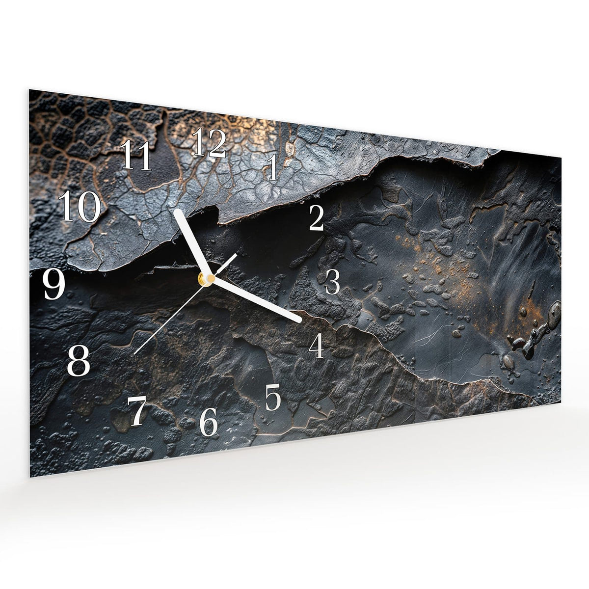 Vormontiert – mit Schwebeeffekt – Wanduhr Dunkle Bronzetextur aus Glas – Querformat 60 × 30 cm