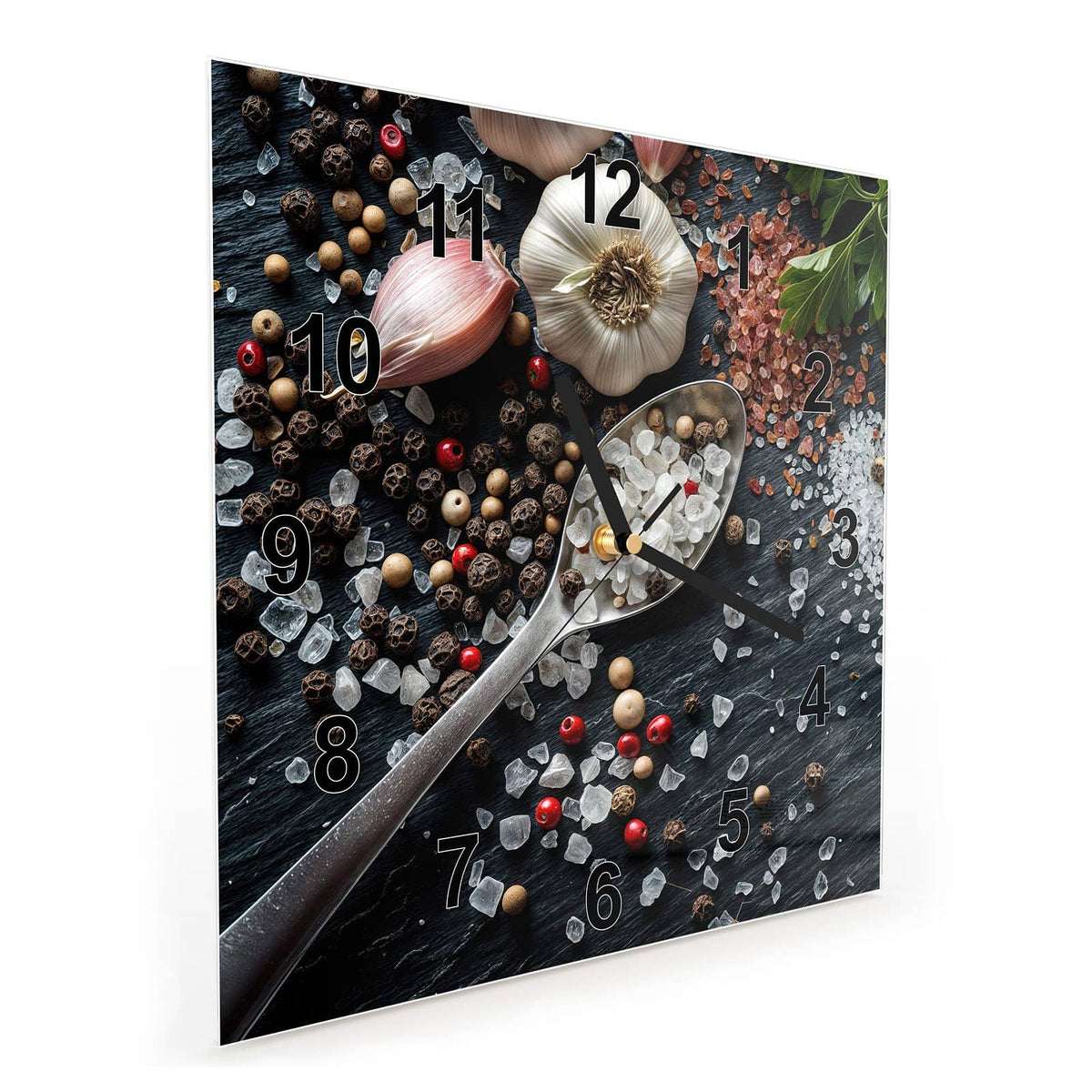 Vormontiert – mit Schwebeeffekt – Wanduhr Küchenzutaten aus Glas – Quadratisch 30 × 30 cm