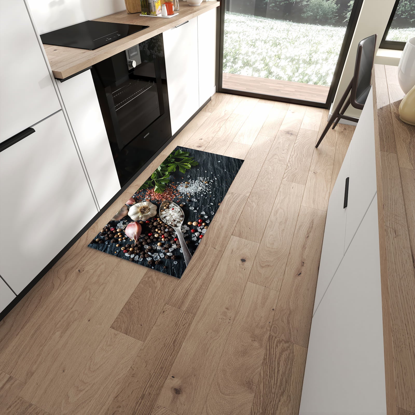 Geruchsneutraler Küchenteppich mit Motiv Küchenzutaten in moderner Küche #grösse_60 x 120 cm