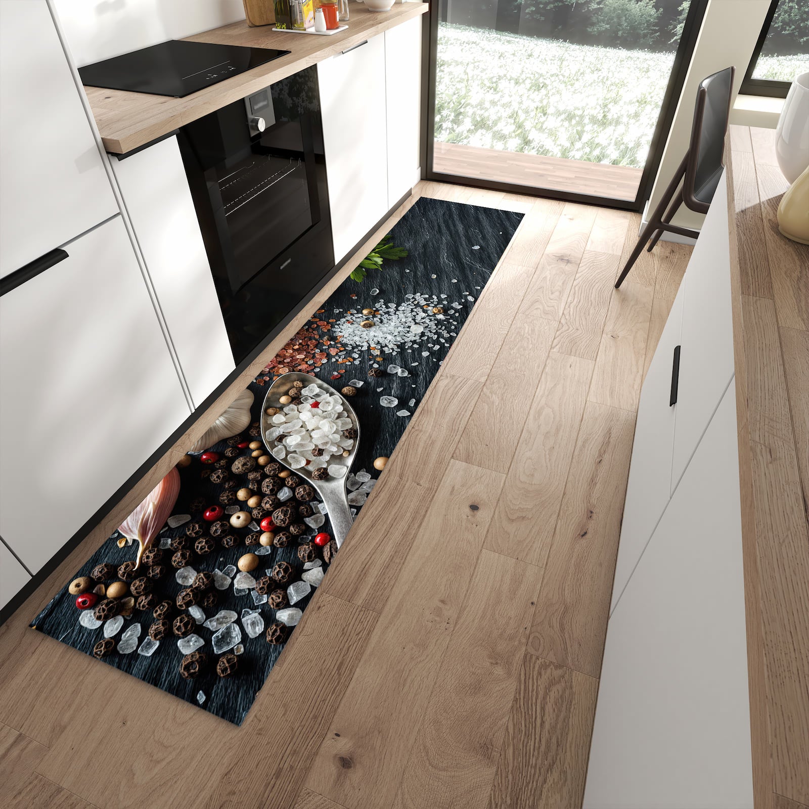 Komfortabler Küchenläufer mit Motiv Küchenzutaten in moderner Küche