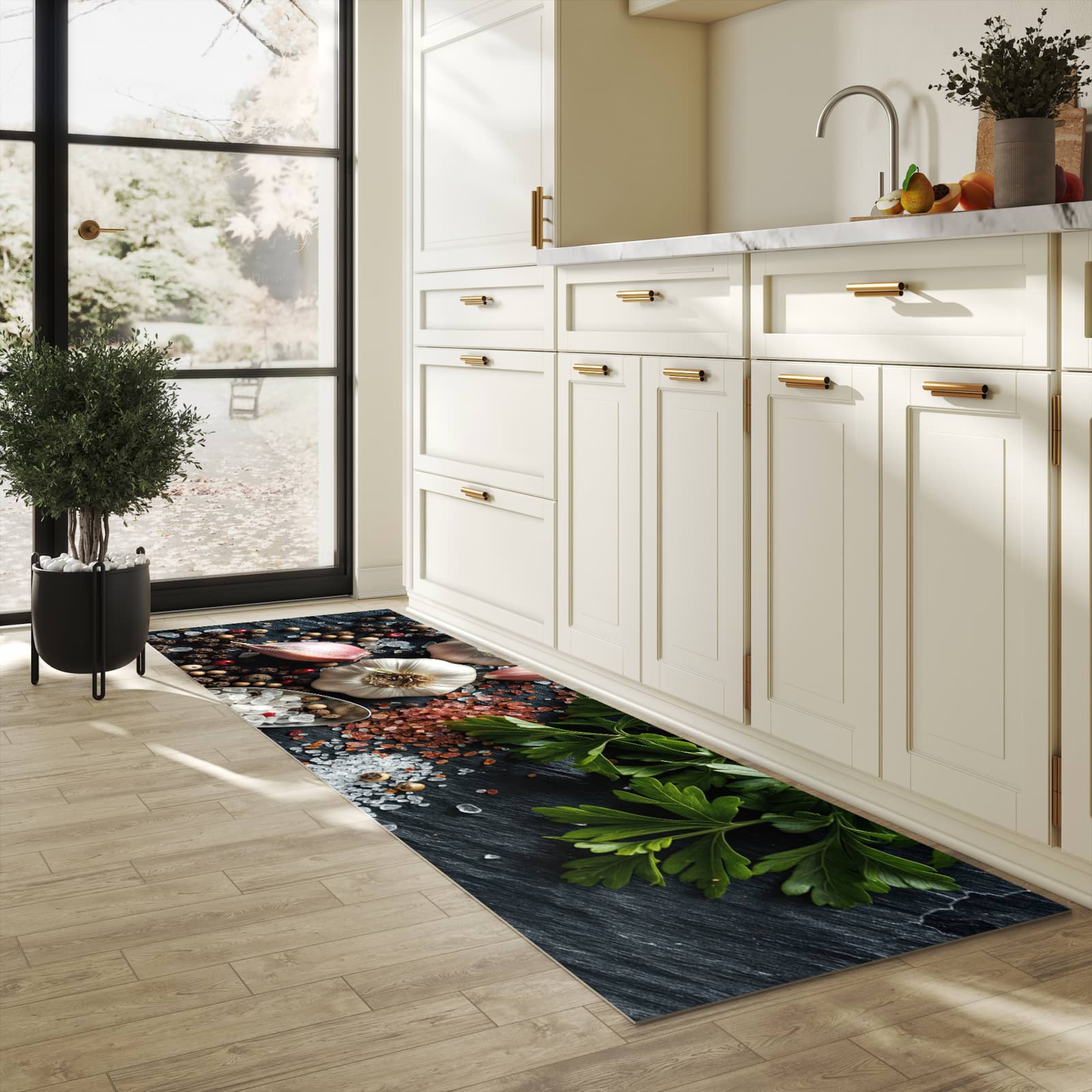 Strapazierfähiger Küchenteppich mit Motiv Küchenzutaten in heller Küche