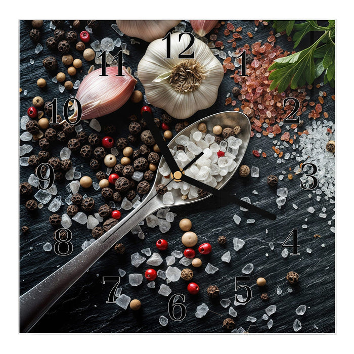 Wanduhr Küchenzutaten aus Glas – Quadratisch 30 × 30 cm mit Ziffernblatt Klassisch