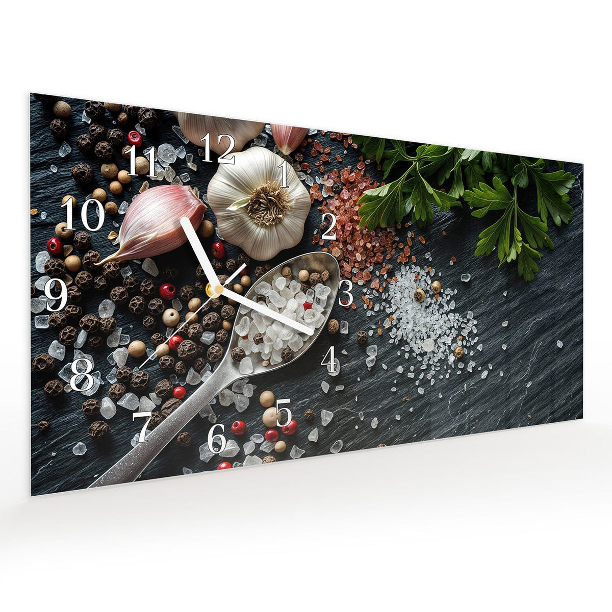 Vormontiert – mit Schwebeeffekt – Wanduhr Küchenzutaten aus Glas – Querformat 60 × 30 cm