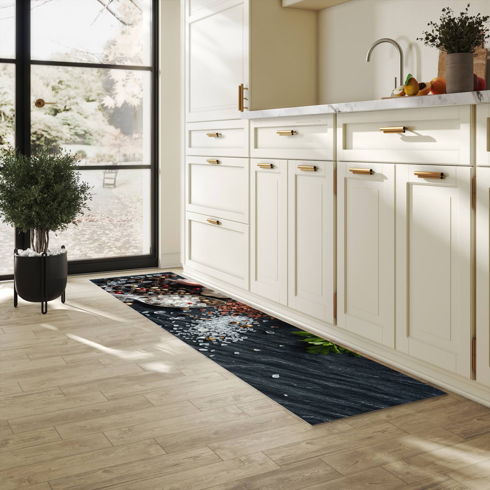 Komfortabler moderner Küchenläufer mit Motiv Küchenzutaten in heller Küche