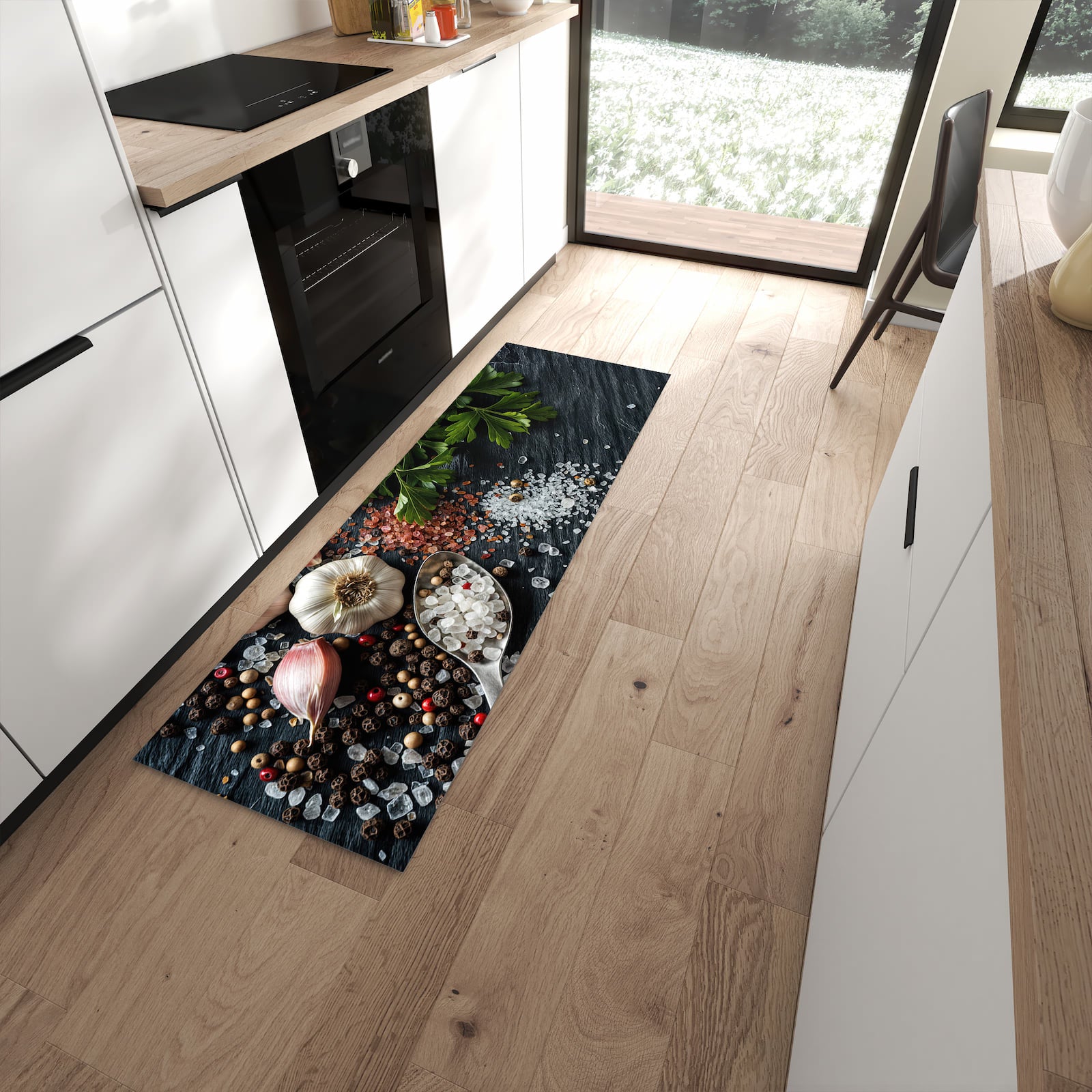 Flacher Küchenteppich mit Motiv Küchenzutaten in moderner Küche