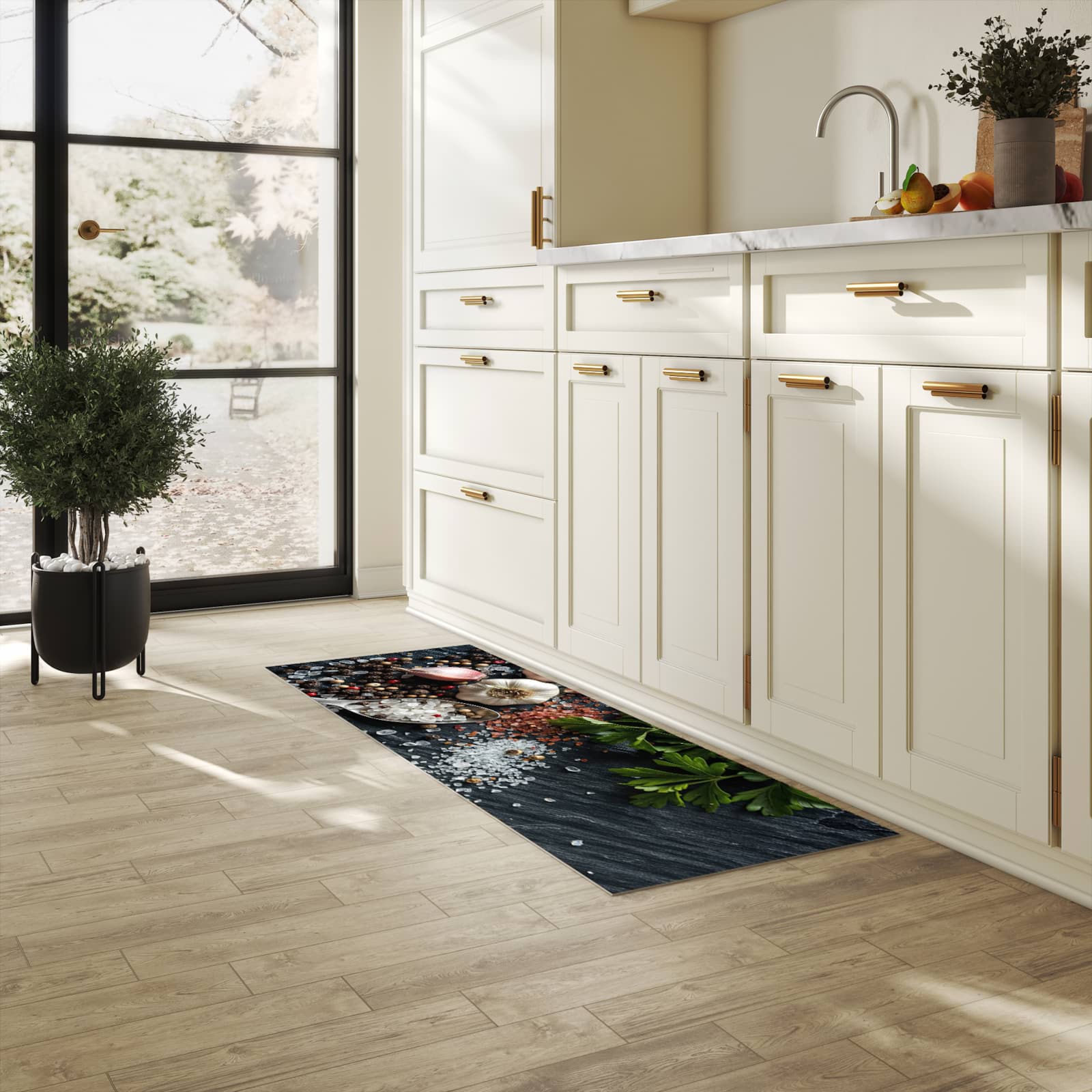 Flacher Küchenläufer nach Maß mit Motiv Küchenzutaten in heller Küche