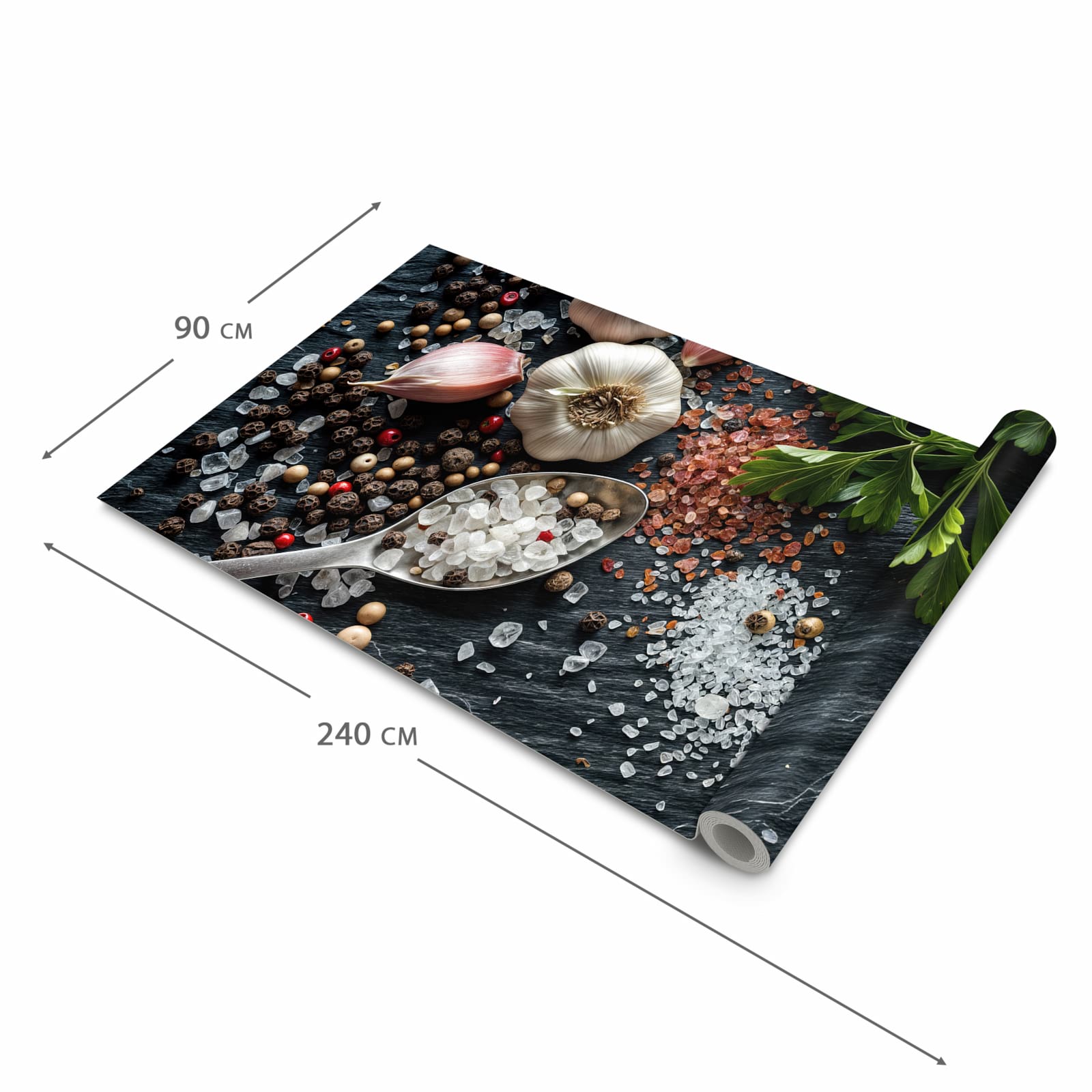 Pflegeleichter waschbarer Küchenläufer mit Motiv Küchenzutaten in der Größe 60x240 cm