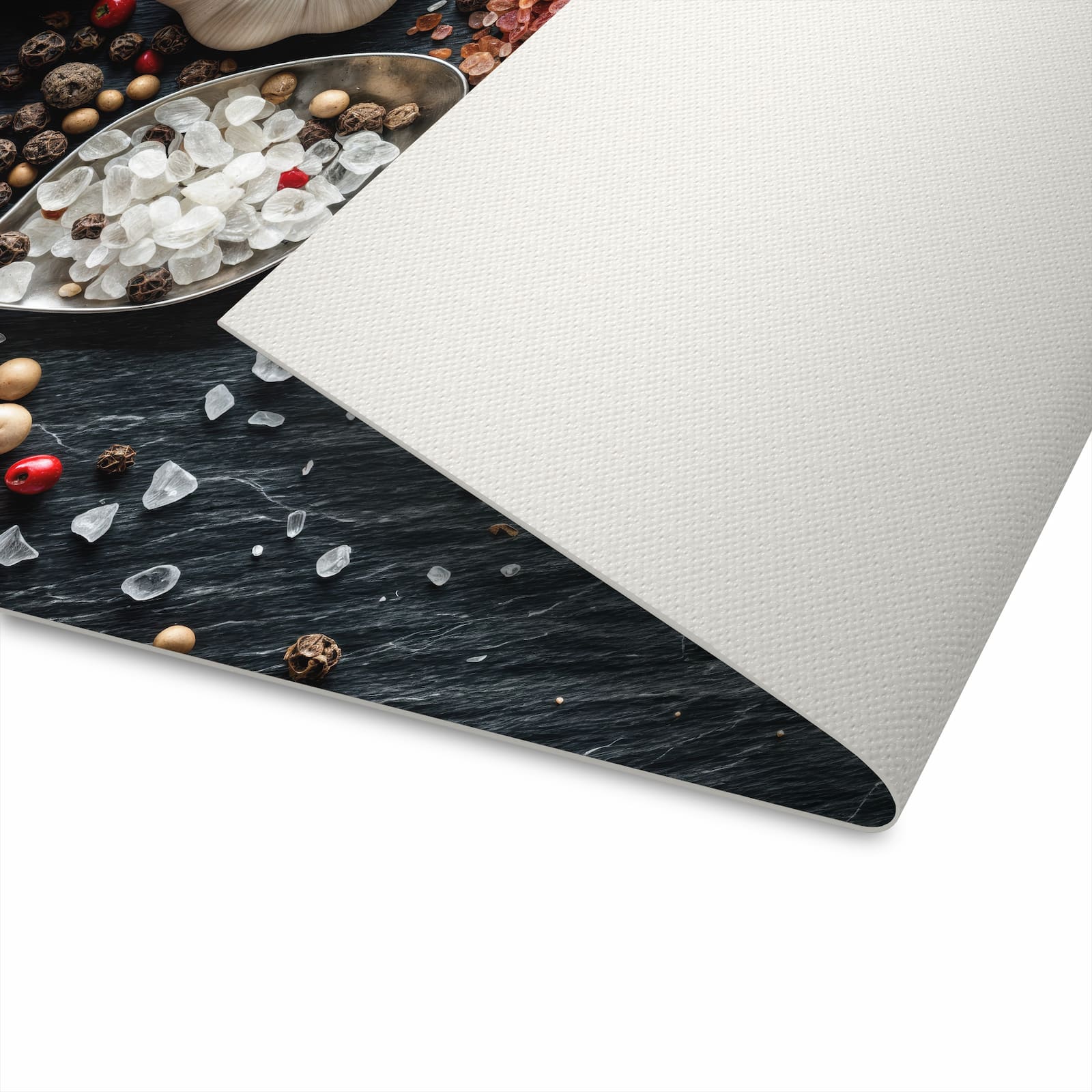 Wasserabweisender Küchenteppich mit Motiv Küchenzutaten in der Unterseite