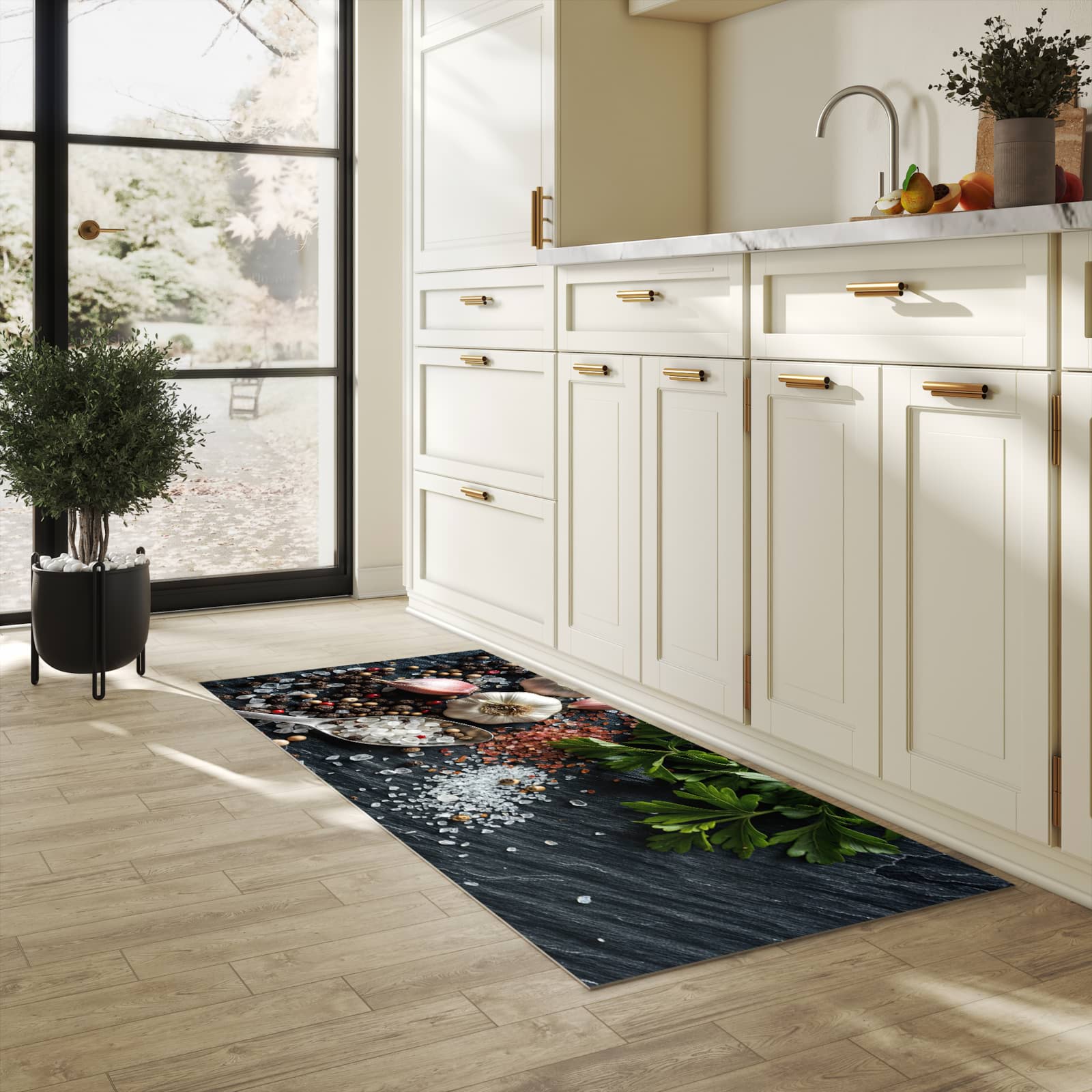 Komfortabler Küchenläufer mit Motiv Küchenzutaten in heller Küche