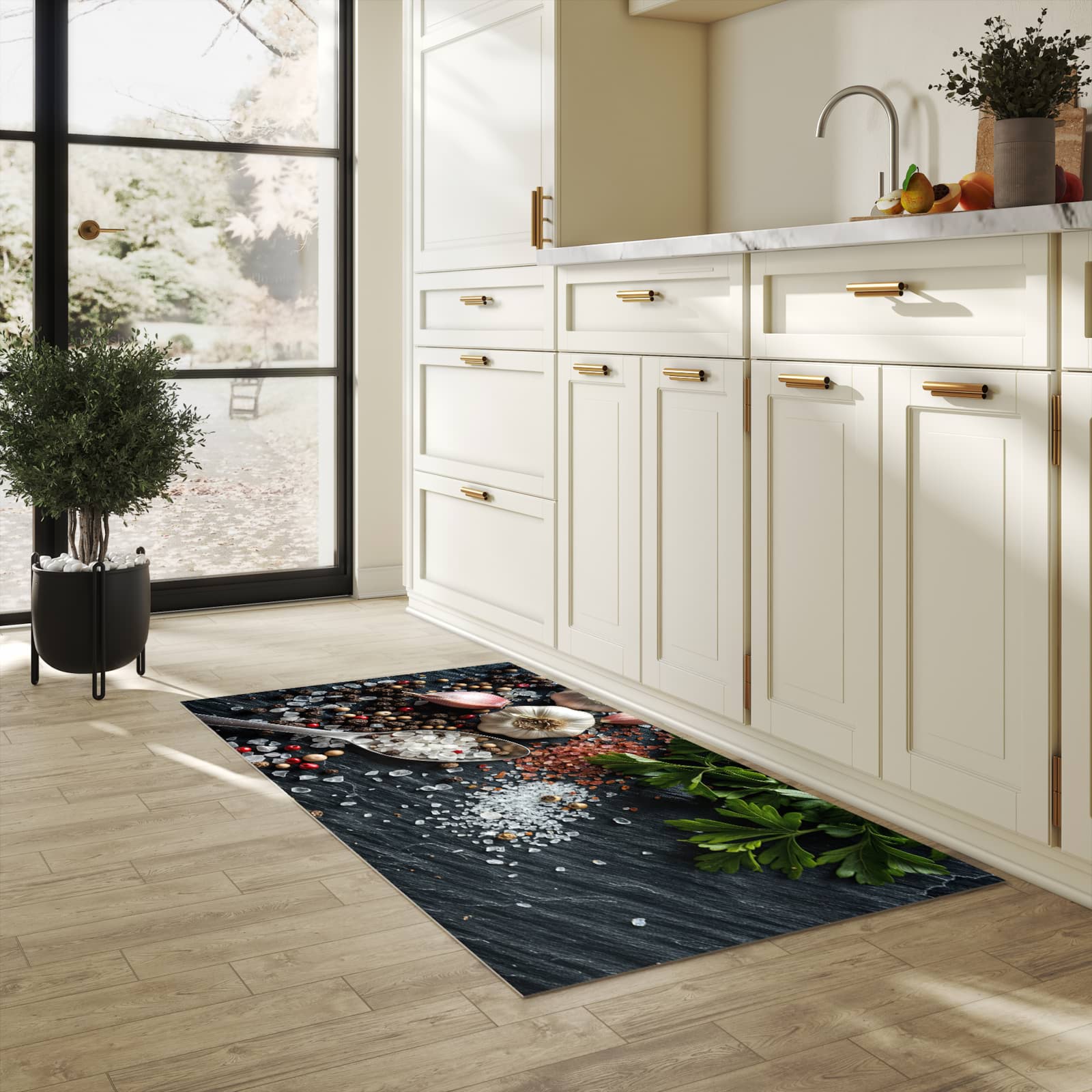Langlebiger Teppich für die Küche mit Motiv Küchenzutaten in heller Küche