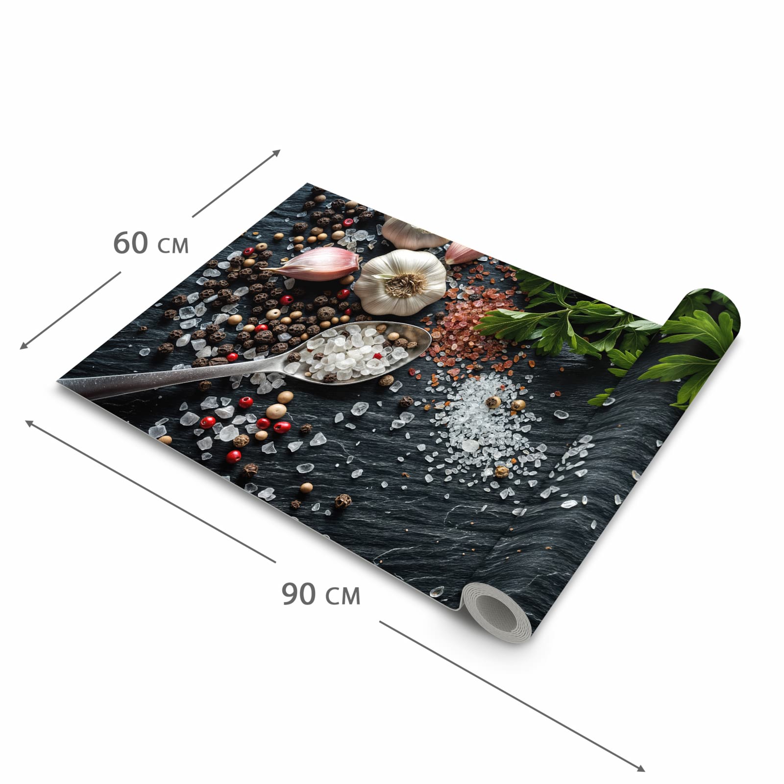 Wasserabweisender waschbarer Küchenteppich mit Motiv Küchenzutaten in der Grösse 60x240 cm