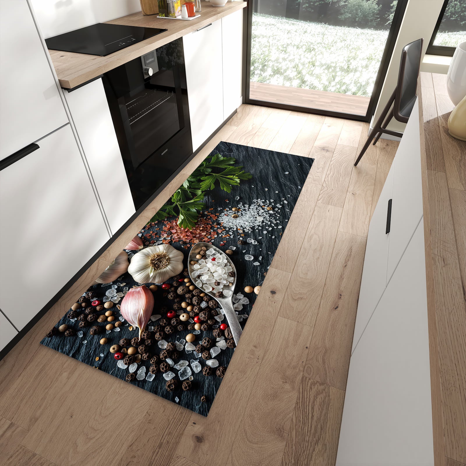Küchenvorleger mit Motiv Küchenzutaten für angenehme Haptik in moderner Küche