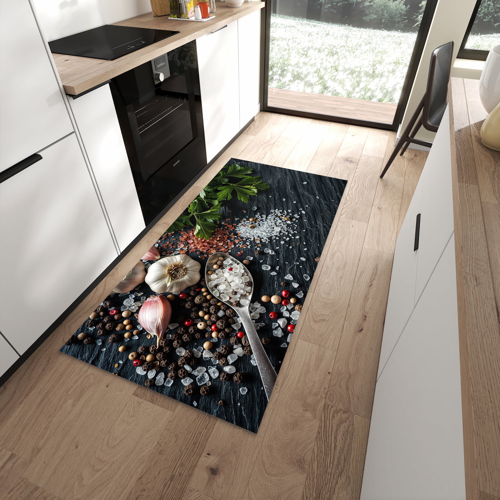 Langlebiger Küchenläufer mit Motiv Küchenzutaten in moderner Küche