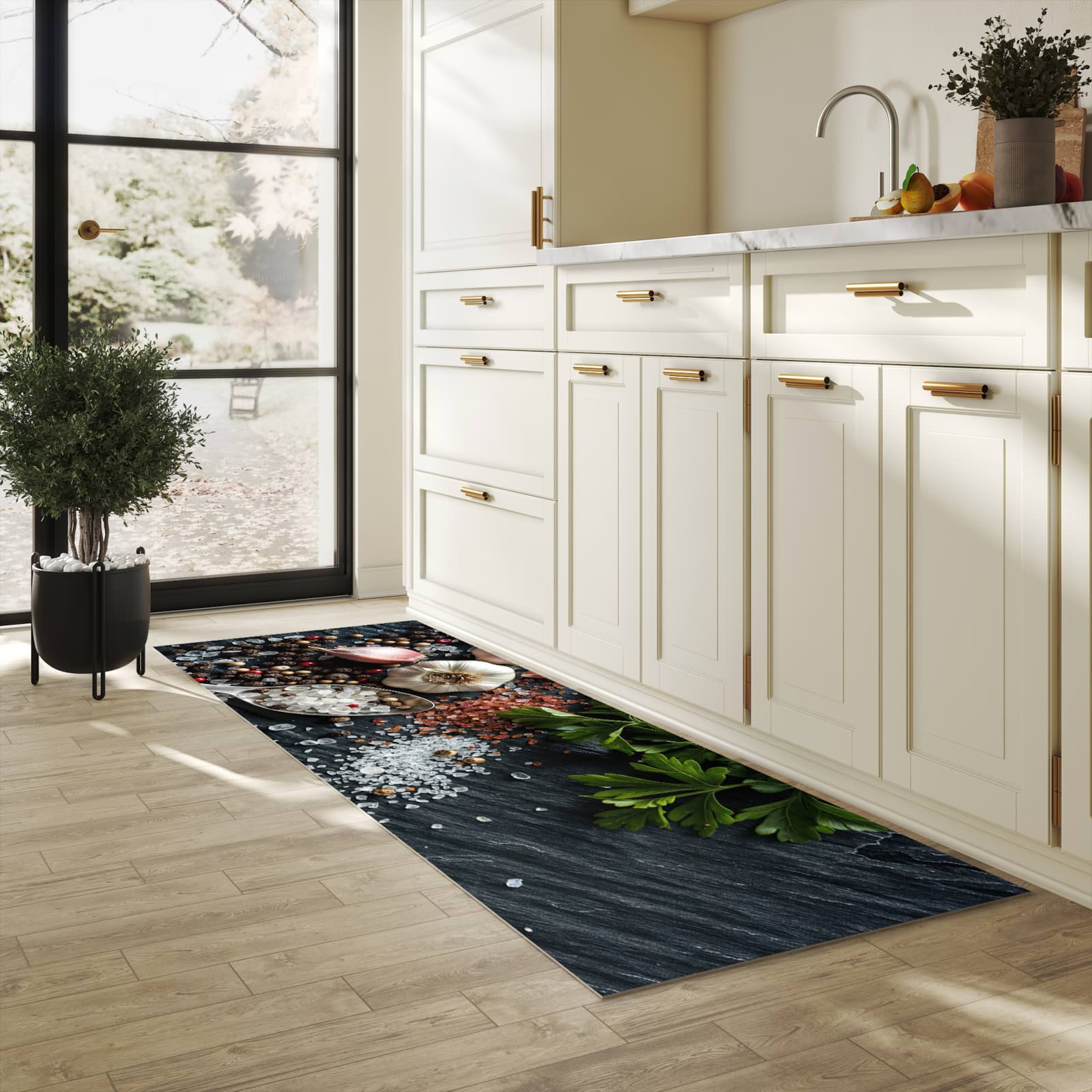 Hygienischer Küchenteppich mit Motiv Küchenzutaten in heller Küche