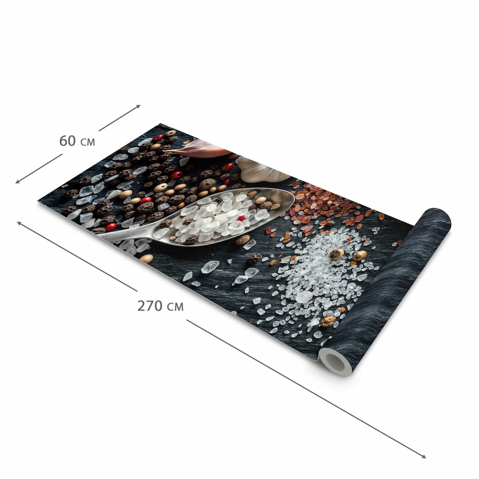 UV-beständiger Küchenteppich mit Motiv Küchenzutaten in der Größe 60x240 cm