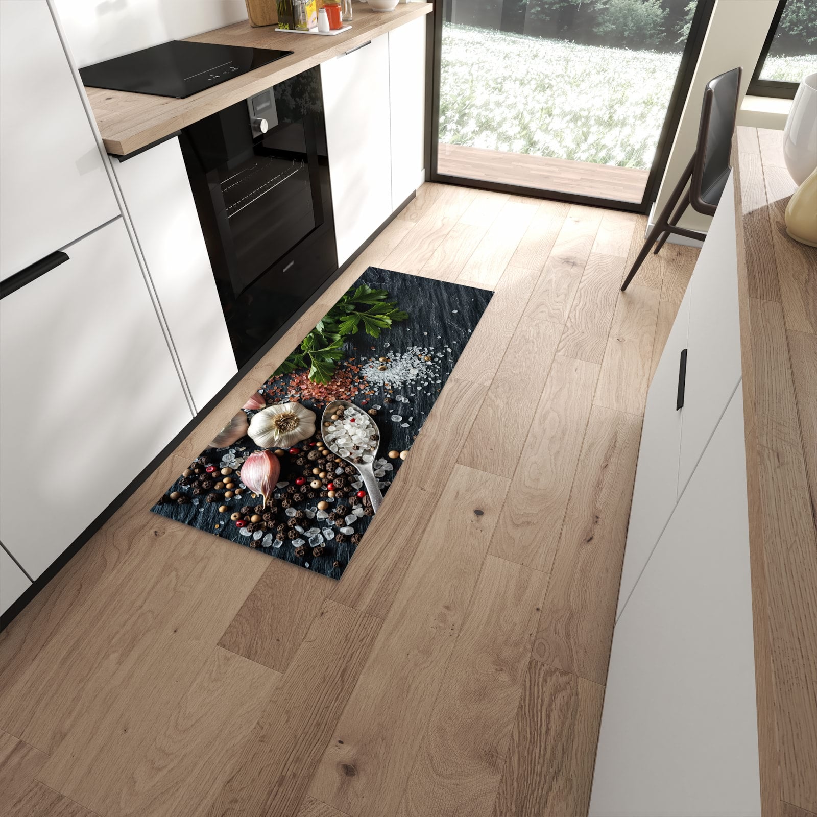 Langlebiger Küchenteppich mit Motiv Küchenzutaten in moderner Küche #grösse_60 x 150 cm