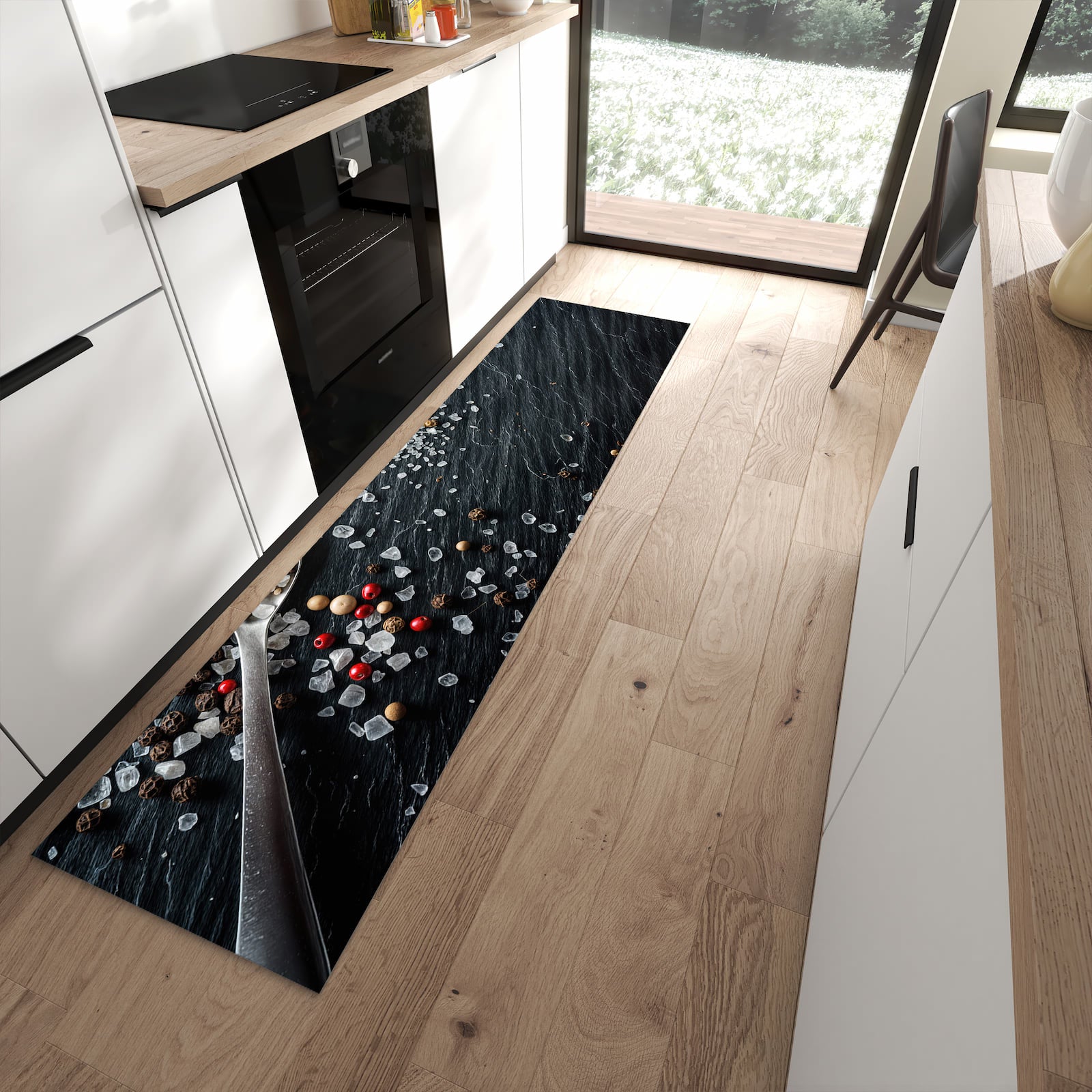 Pflegeleichter Läufer für die Küche mit Motiv Küchenzutaten in moderner Küche