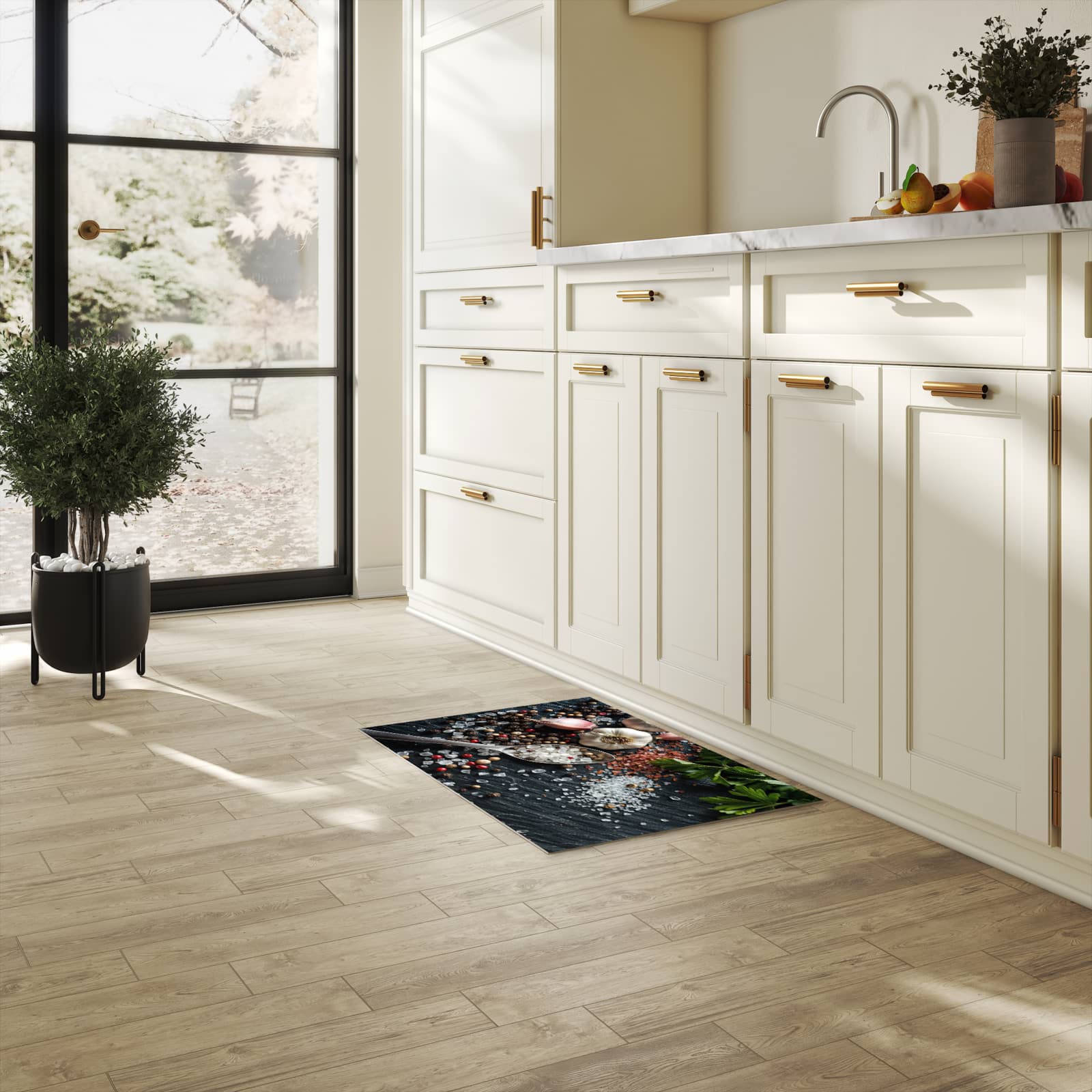 Abwaschbarer Küchenteppich mit Motiv Küchenzutaten in heller Küche