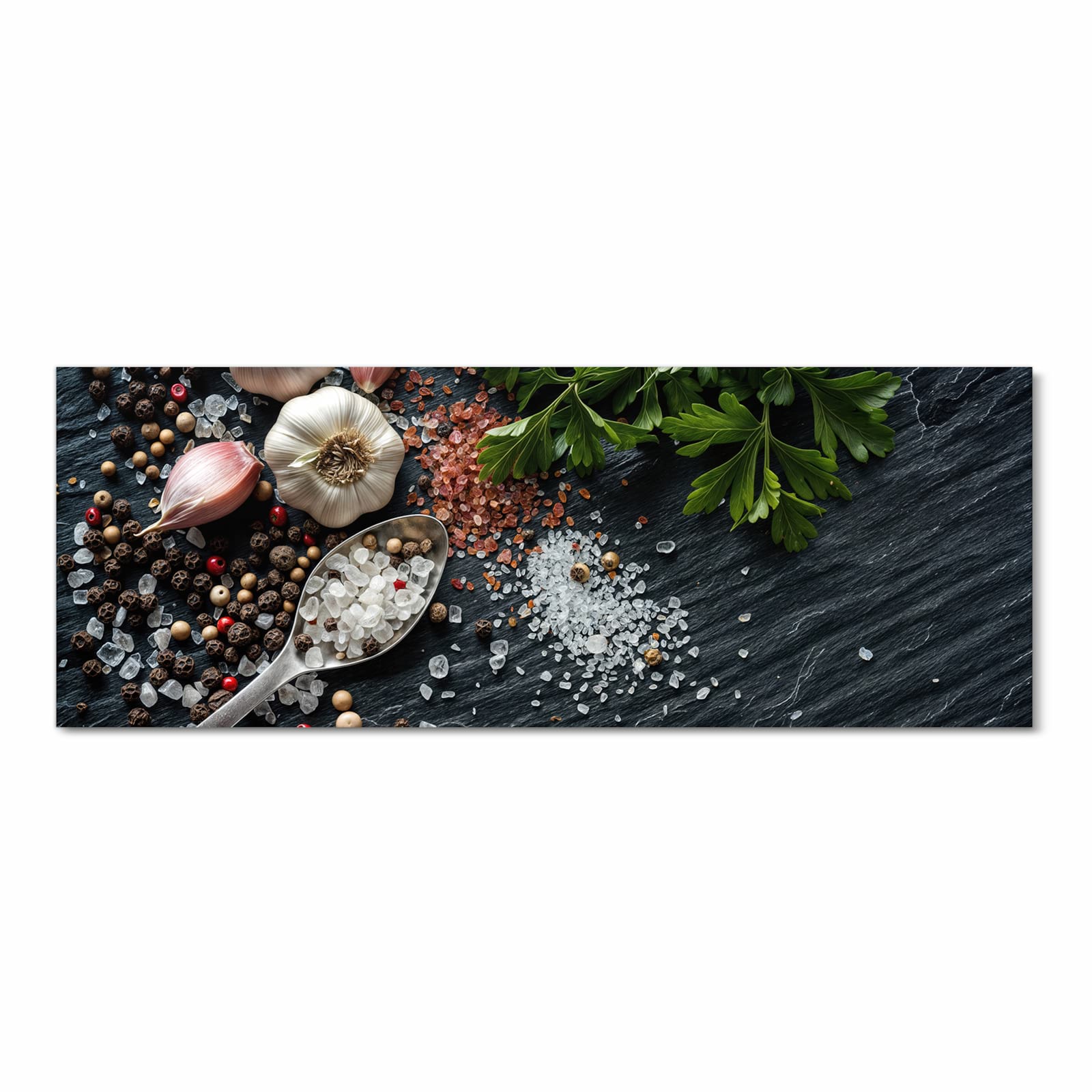 Langlebiger Küchenläufer mit Motiv Küchenzutaten in Frontansicht für moderne Küchen