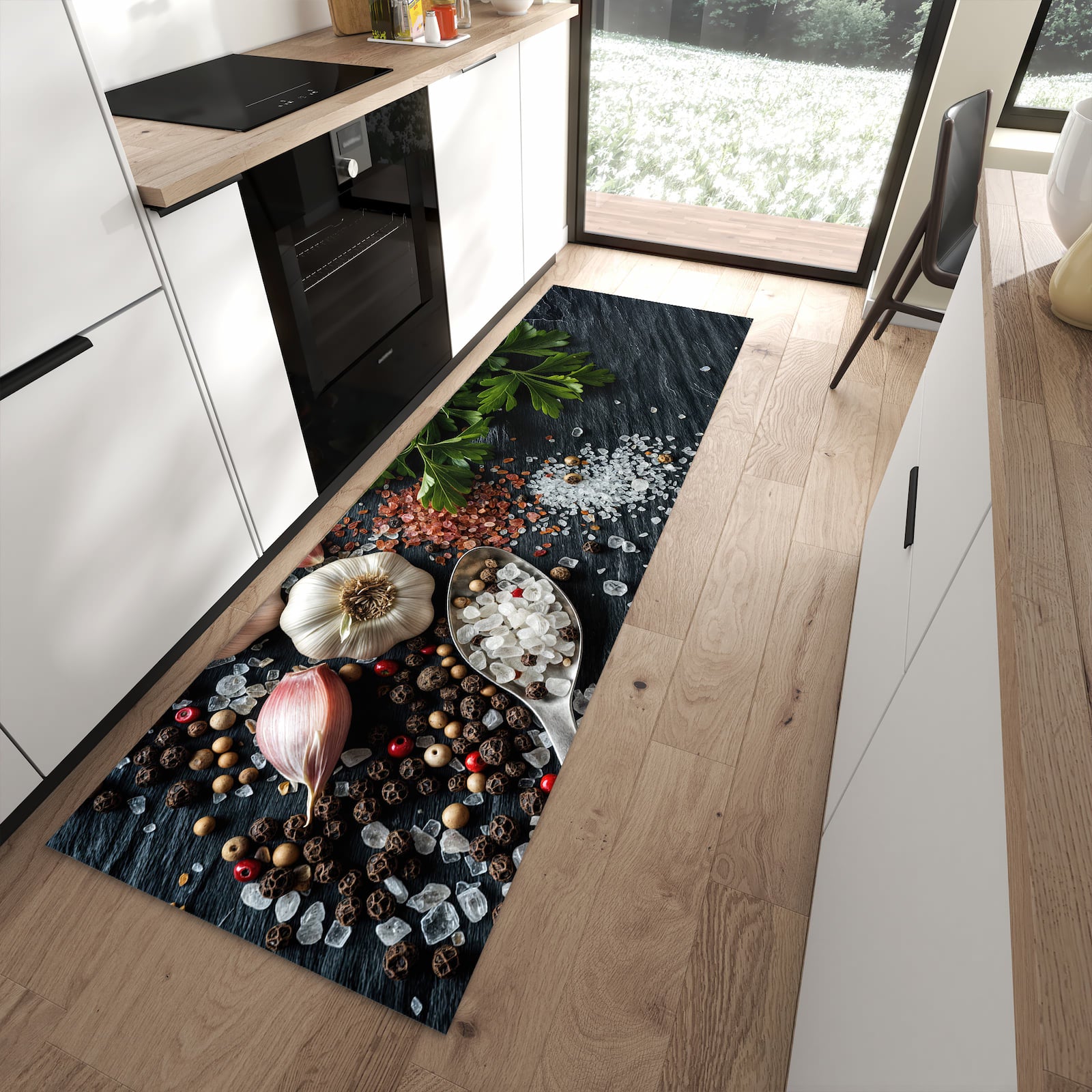 Hygienischer Küchenteppich mit Motiv Küchenzutaten in moderner Küche - waschbar