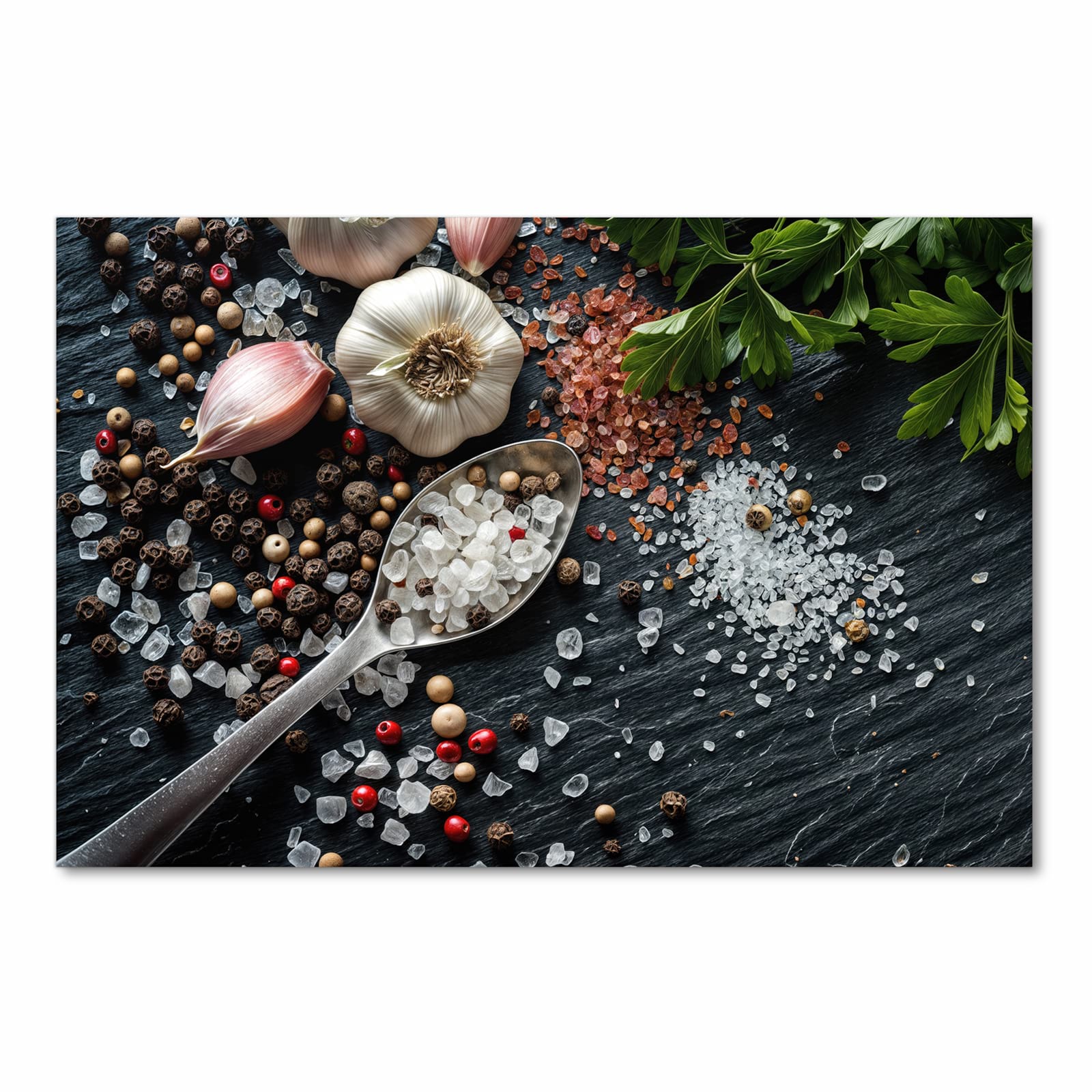 Rutschfester Küchenläufer mit Motiv Küchenzutaten in Frontansicht für angenehme Haptik