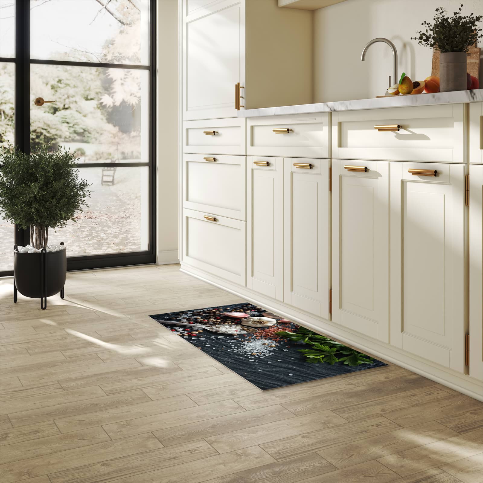 Geruchsneutraler rutschfester Küchenläufer mit Motiv Küchenzutaten in heller Küche