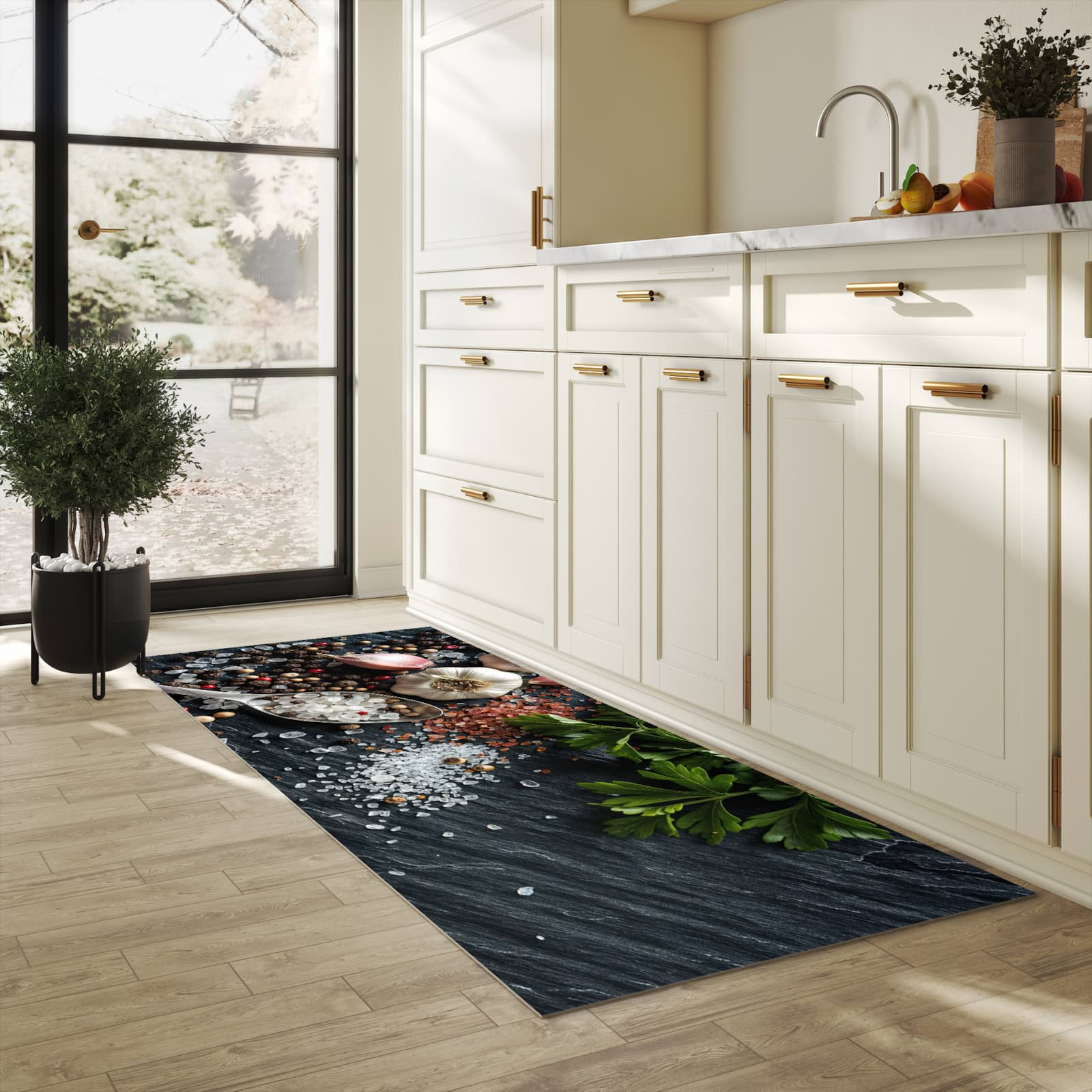 Rutschfester Küchenteppich mit Motiv Küchenzutaten in heller Küche