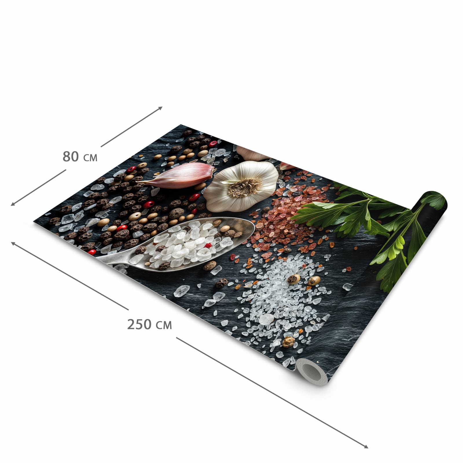 Schmutzabweisender rutschfester Küchenteppich mit Motiv Küchenzutaten in der Größe 60x240 cm