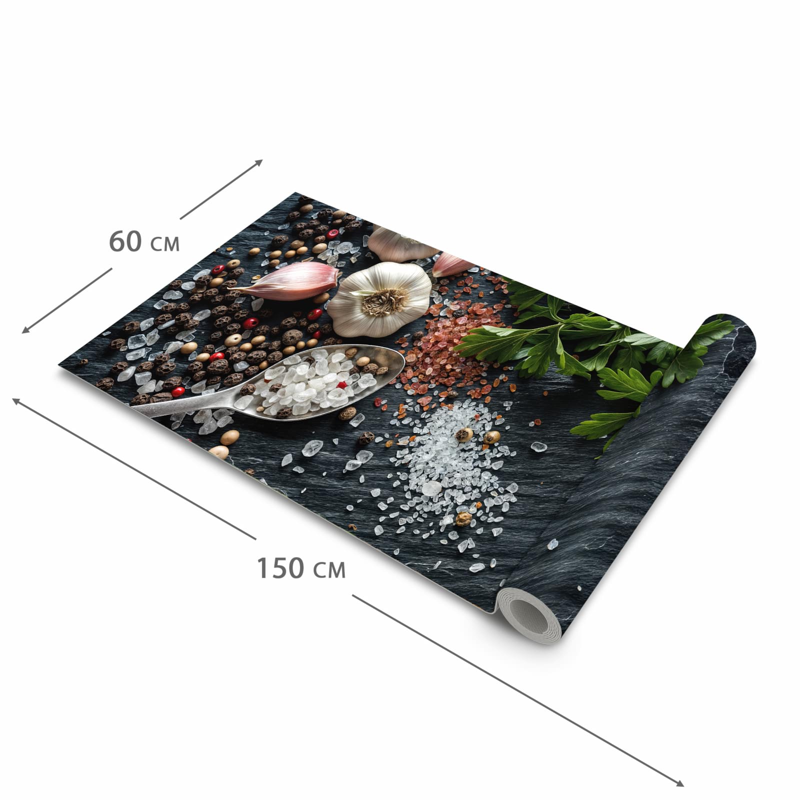 Zeitsparender waschbarer Küchenteppich mit Motiv Küchenzutaten in der Grösse 60x240 cm