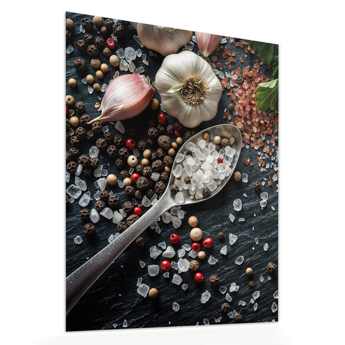 Echtglas, 4 mm – kein Acryl, keine Folie – Wandbild - Salz und Knoblauch - Hochformat