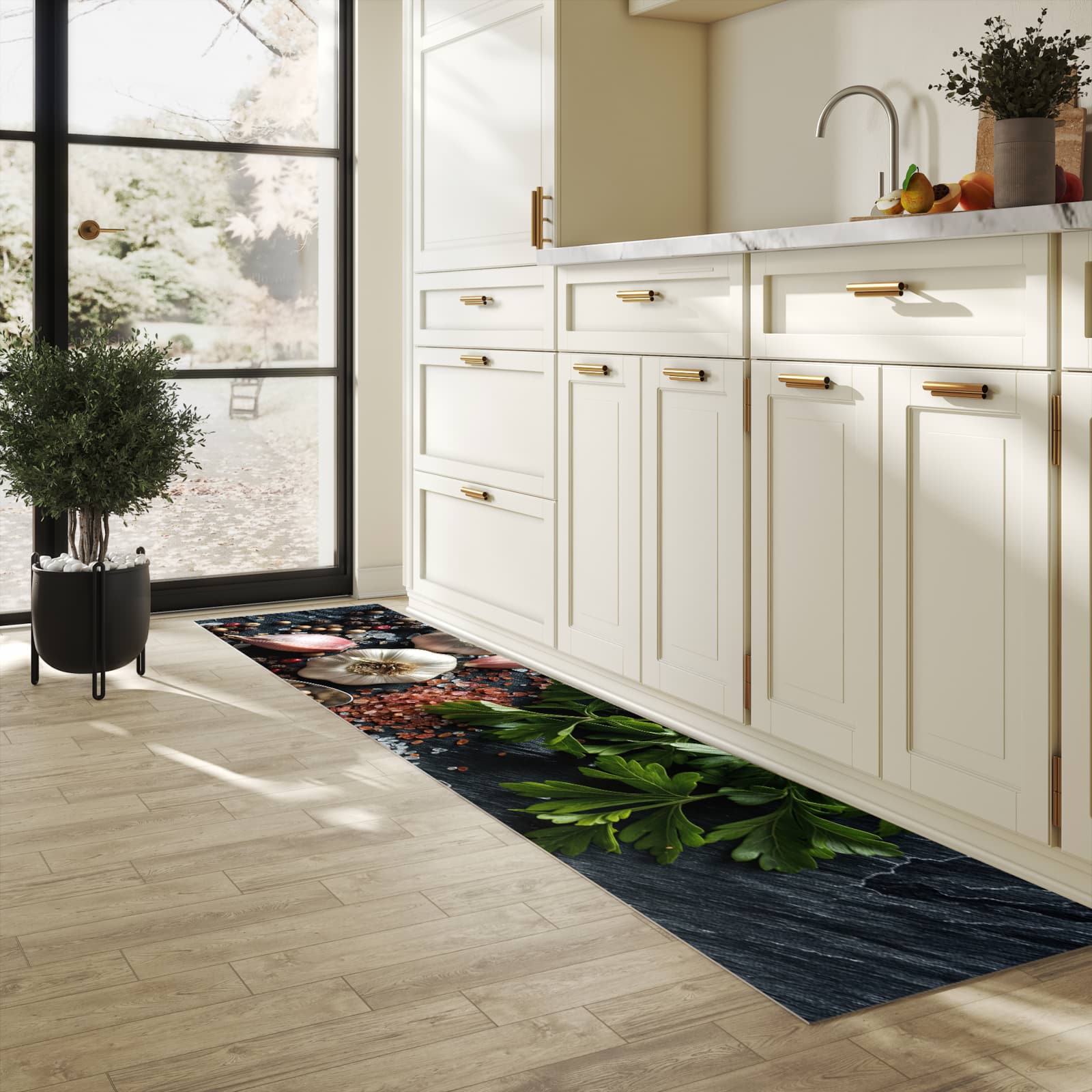 Rutschhemmender Küchenläufer mit Motiv Küchenzutaten in heller Küche