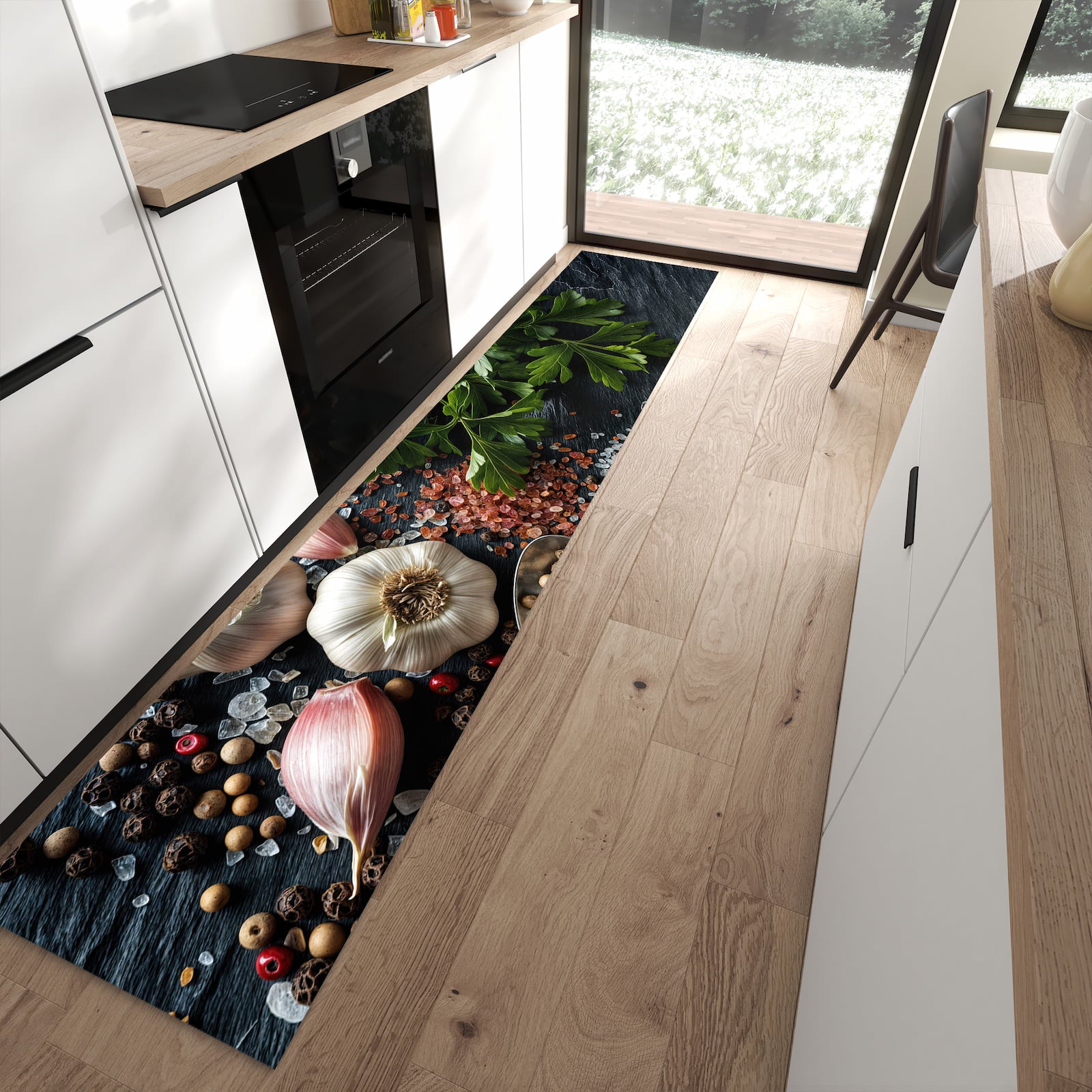 Rutschfester Küchenläufer mit Motiv Küchenzutaten in moderner Küche