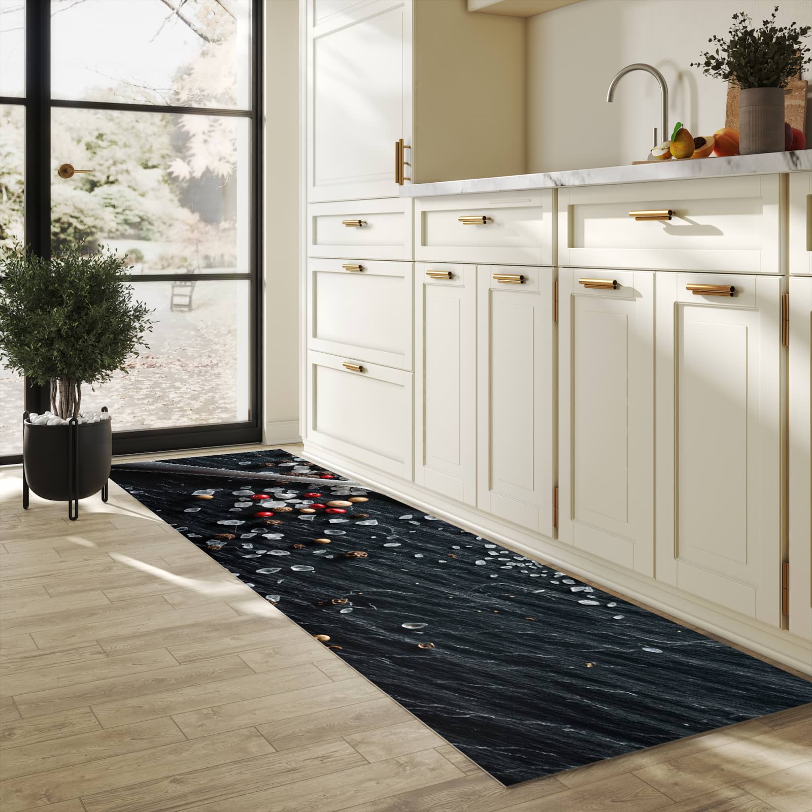 Waschbarer Küchenteppich mit Motiv Küchenzutaten in heller Küche