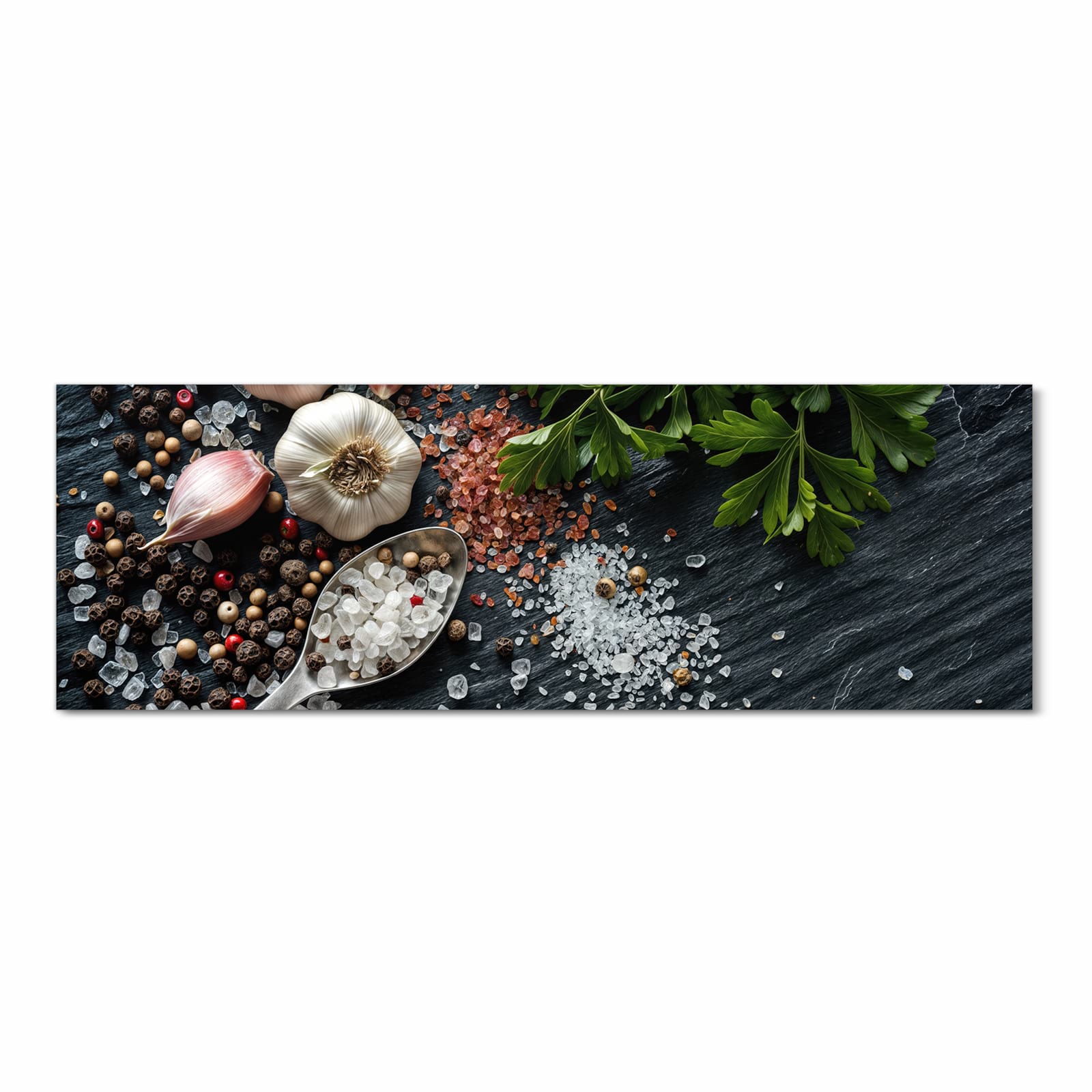 Pflegeleichter Küchenläufer mit Motiv Küchenzutaten in Frontansicht