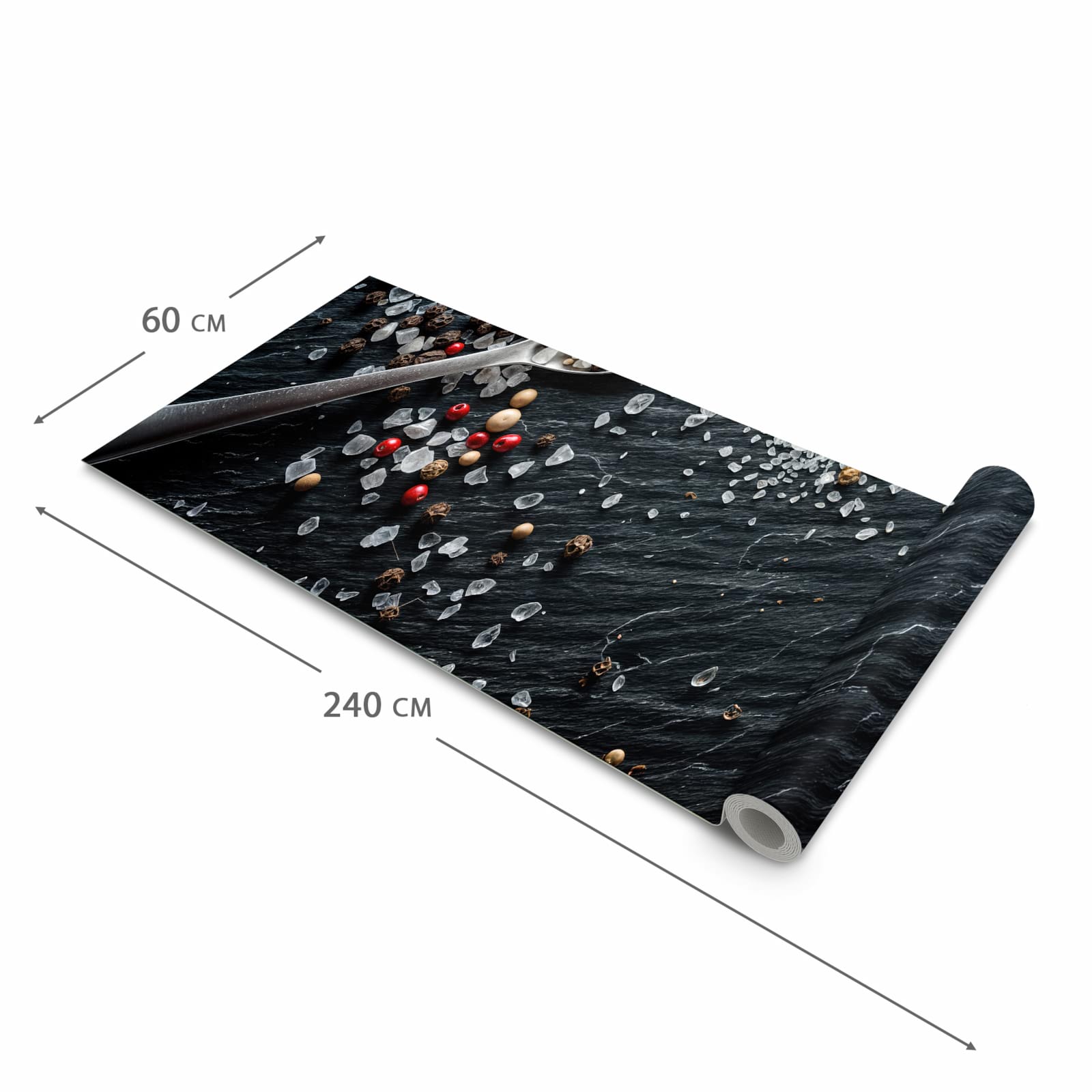 Abriebfester rutschfester Küchenteppich mit Motiv Küchenzutaten in der Grösse 60x240 cm