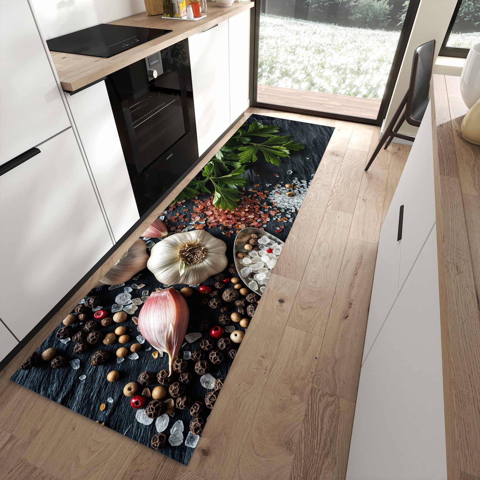 Strapazierfähiger Küchenläufer mit Motiv Küchenzutaten in moderner Küche