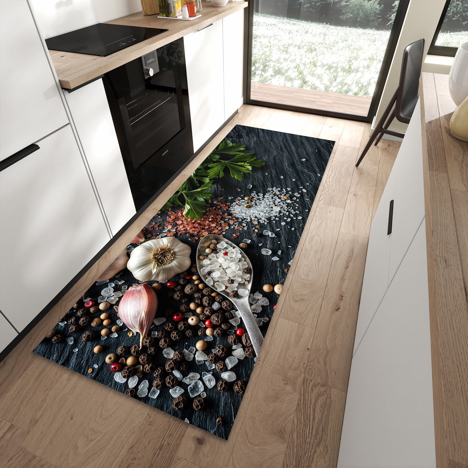 Rutschfester waschbarer Küchenläufer mit Motiv Küchenzutaten in moderner Küche