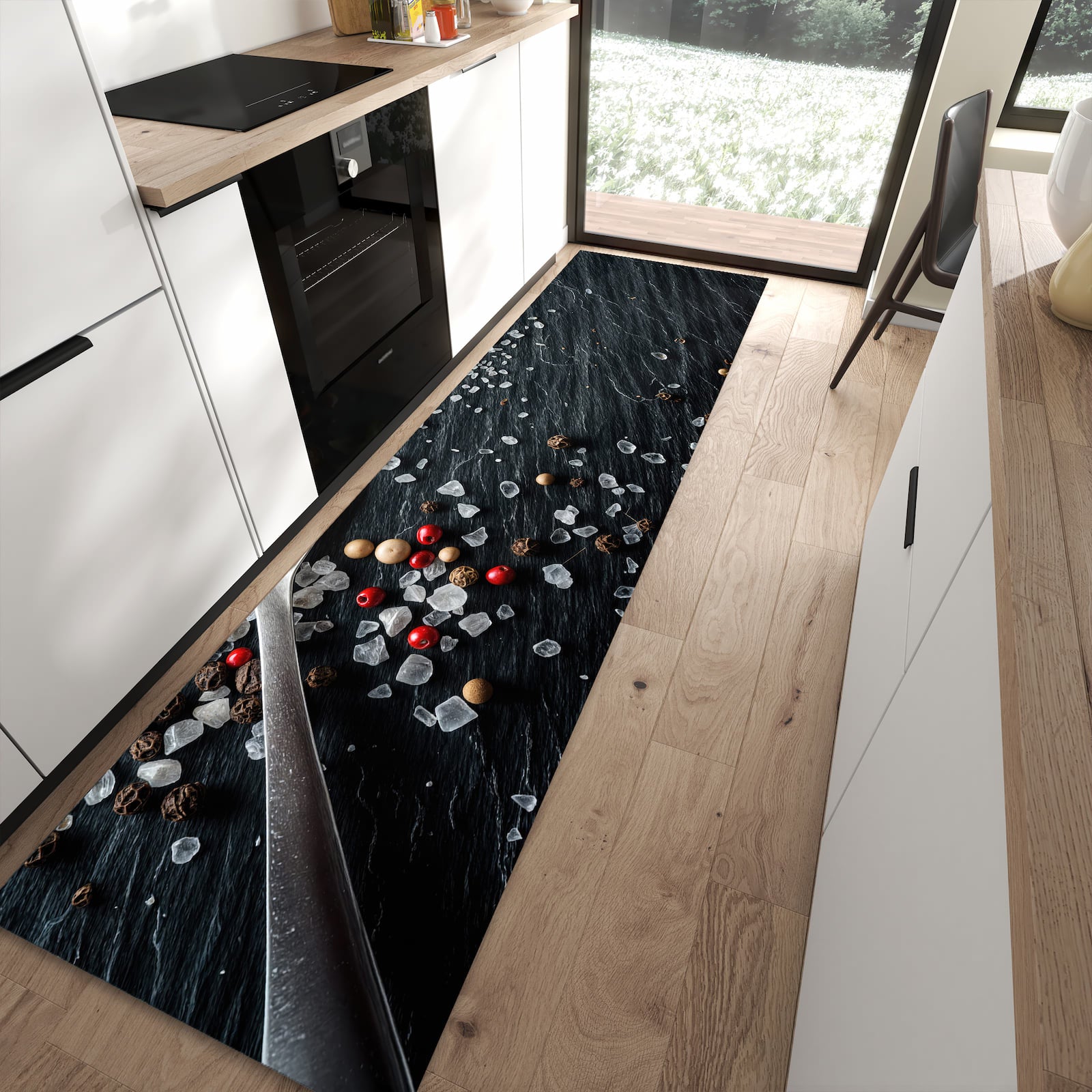 Waschbarer Küchenläufer mit Motiv Küchenzutaten in moderner Küche