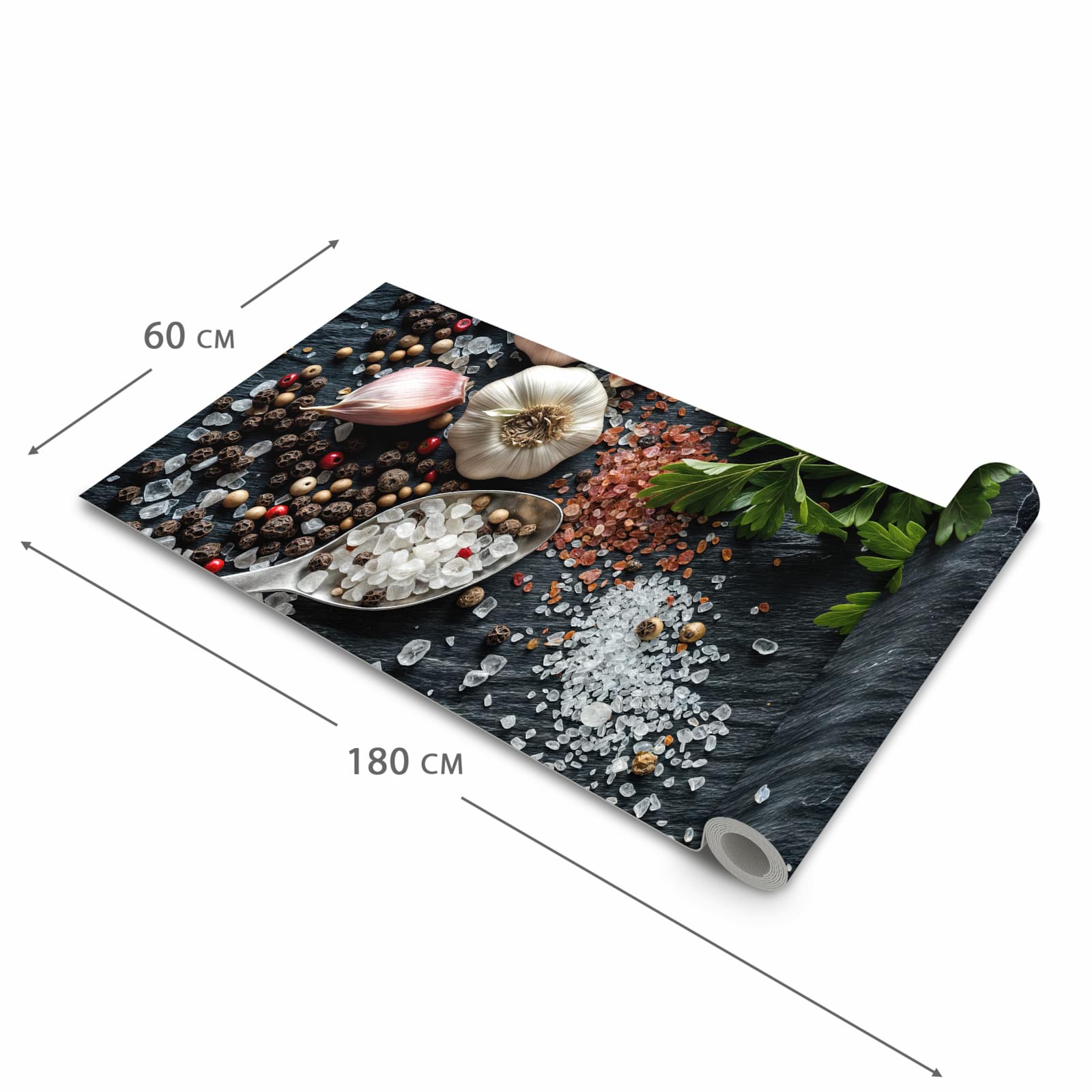 Geräuschdämpfender Küchenteppich mit Motiv Küchenzutaten in der Größe 60x240 cm