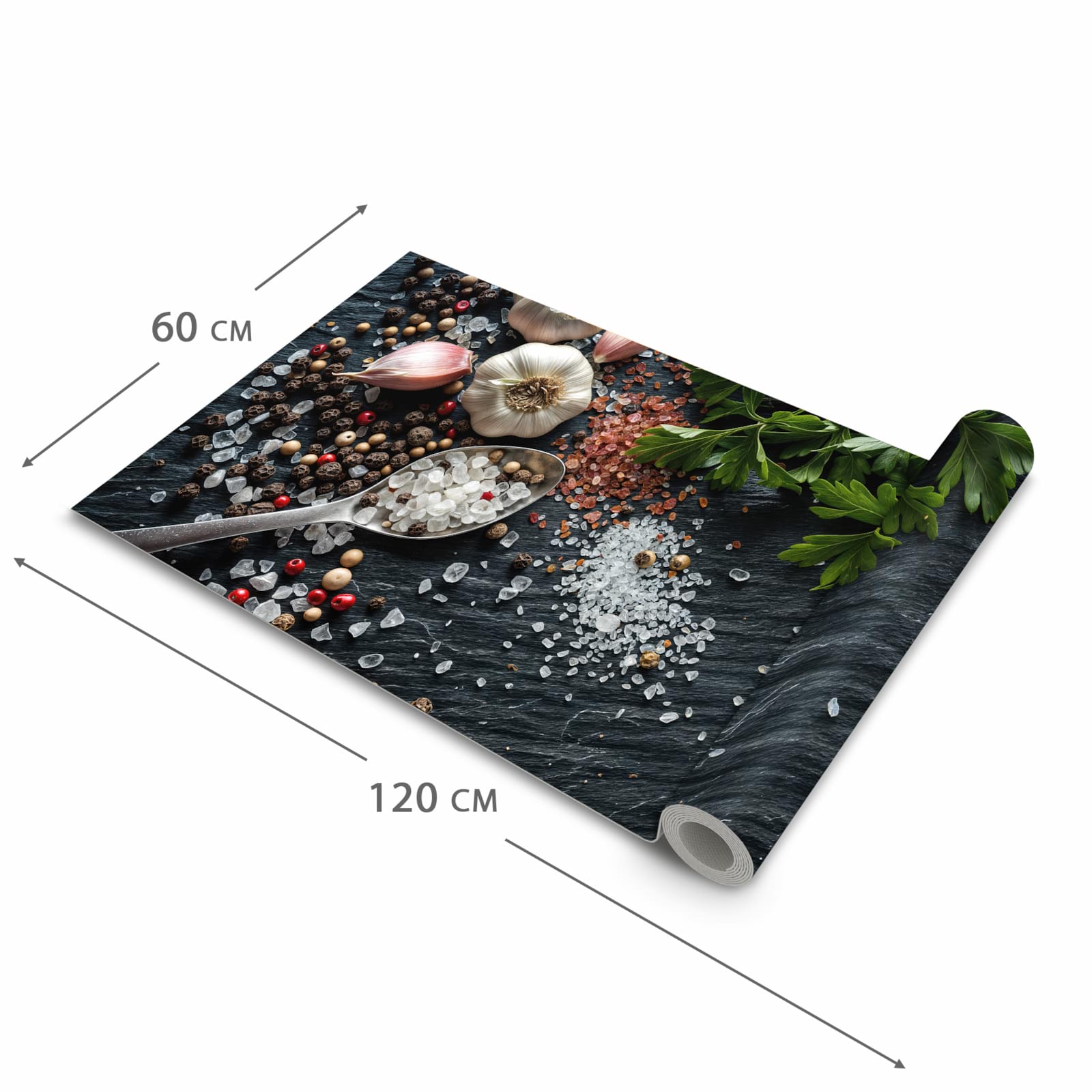 Küchenteppich mit Motiv Küchenzutaten in der Grösse 60x240 cm für sicheres Aufbewahren